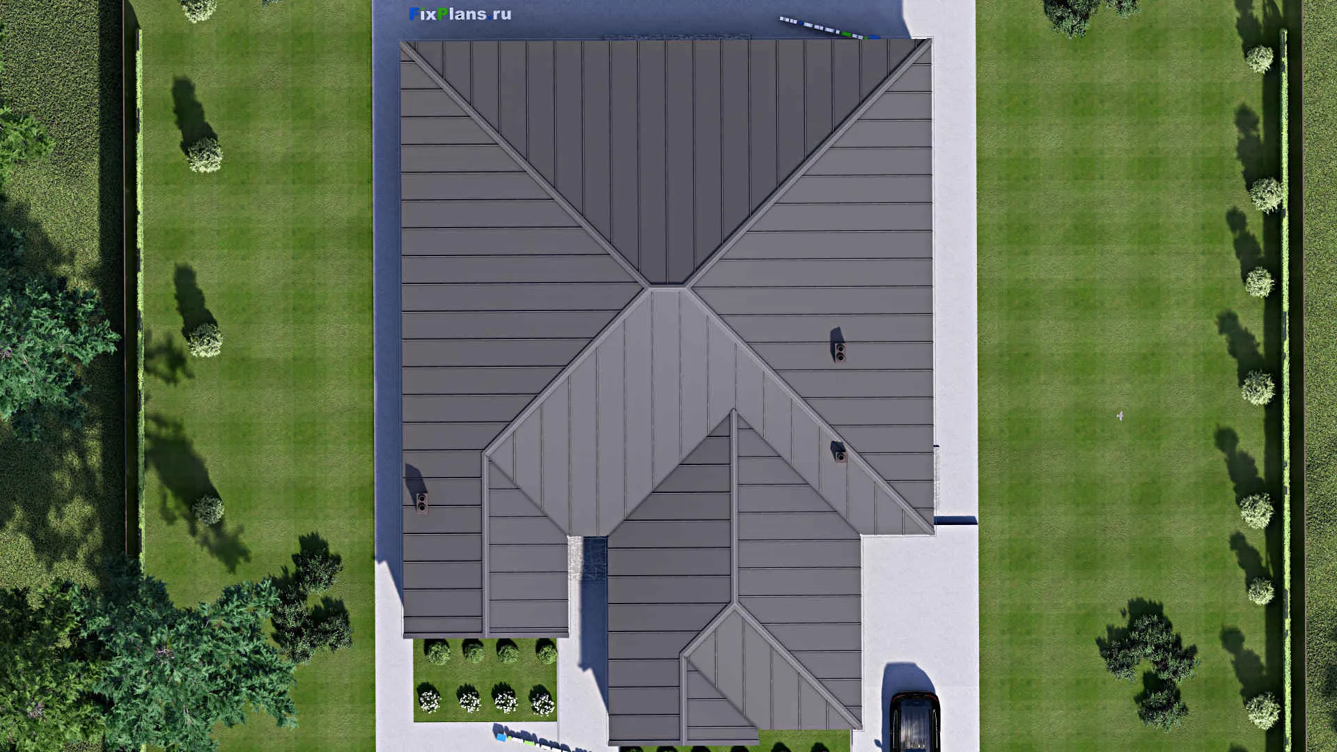 F-16946 - Проект одноэтажного дома 21 на 28, площадью 420 м² с террасой, гаражом на 2 машины и 3 спальнями