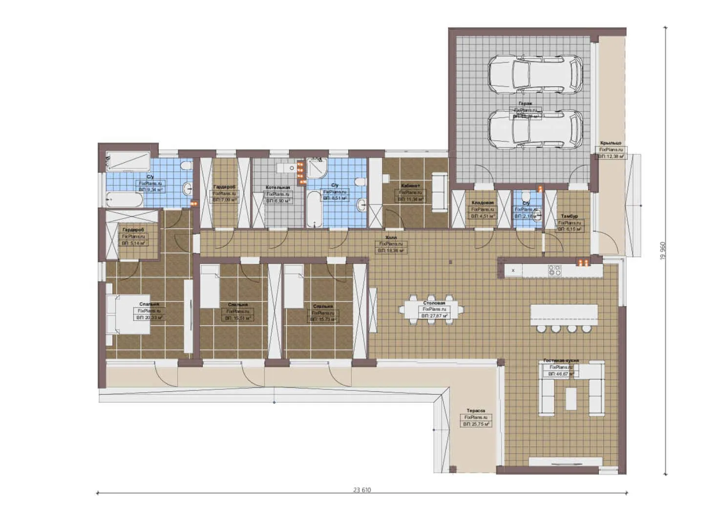 F-16577 - План одноэтажного дома 20 на 24, площадью 290 м² с террасой, гаражом на 2 машины и 3 спальнями