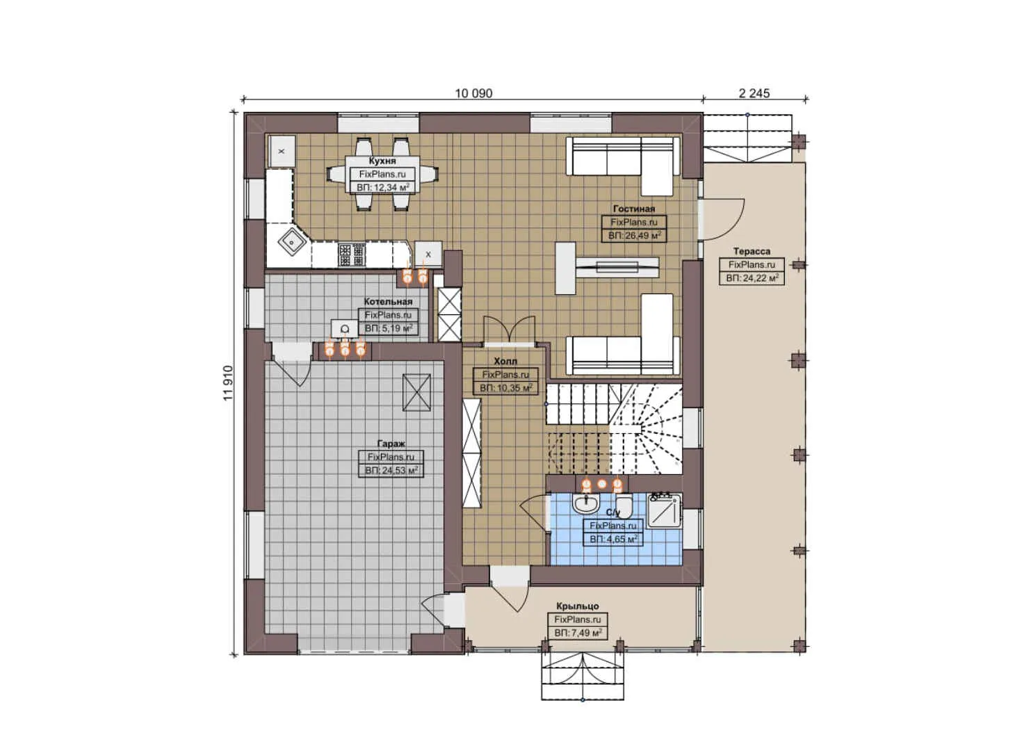 F-5111 - Планы двухэтажного дома 11 на 12, площадью 200 м² с террасой, гаражом на 1 машину и 4 спальнями