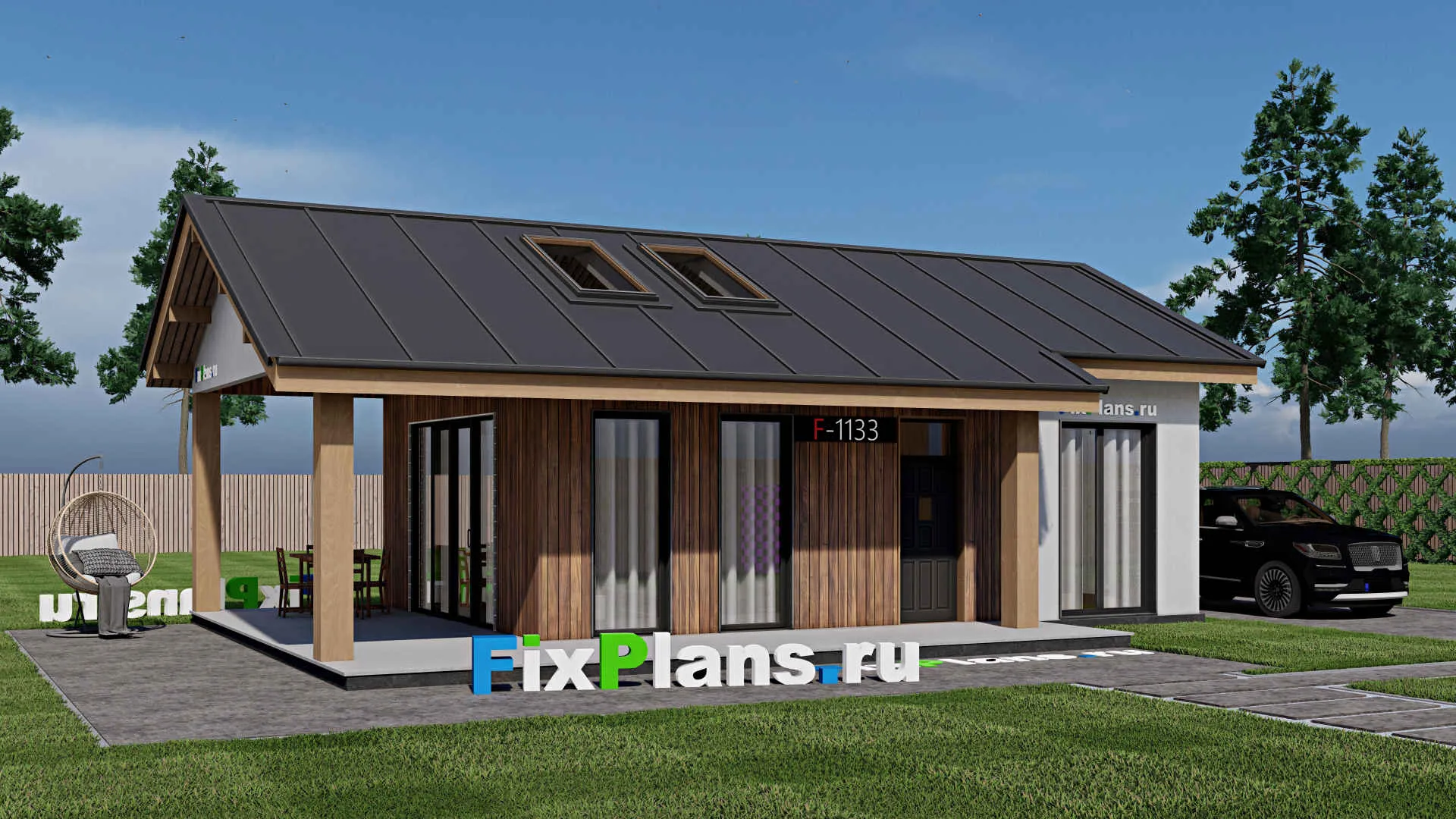 F-1133 - Проект одноэтажного дома 6 на 12, площадью 70 м² с террасой и 2 спальнями