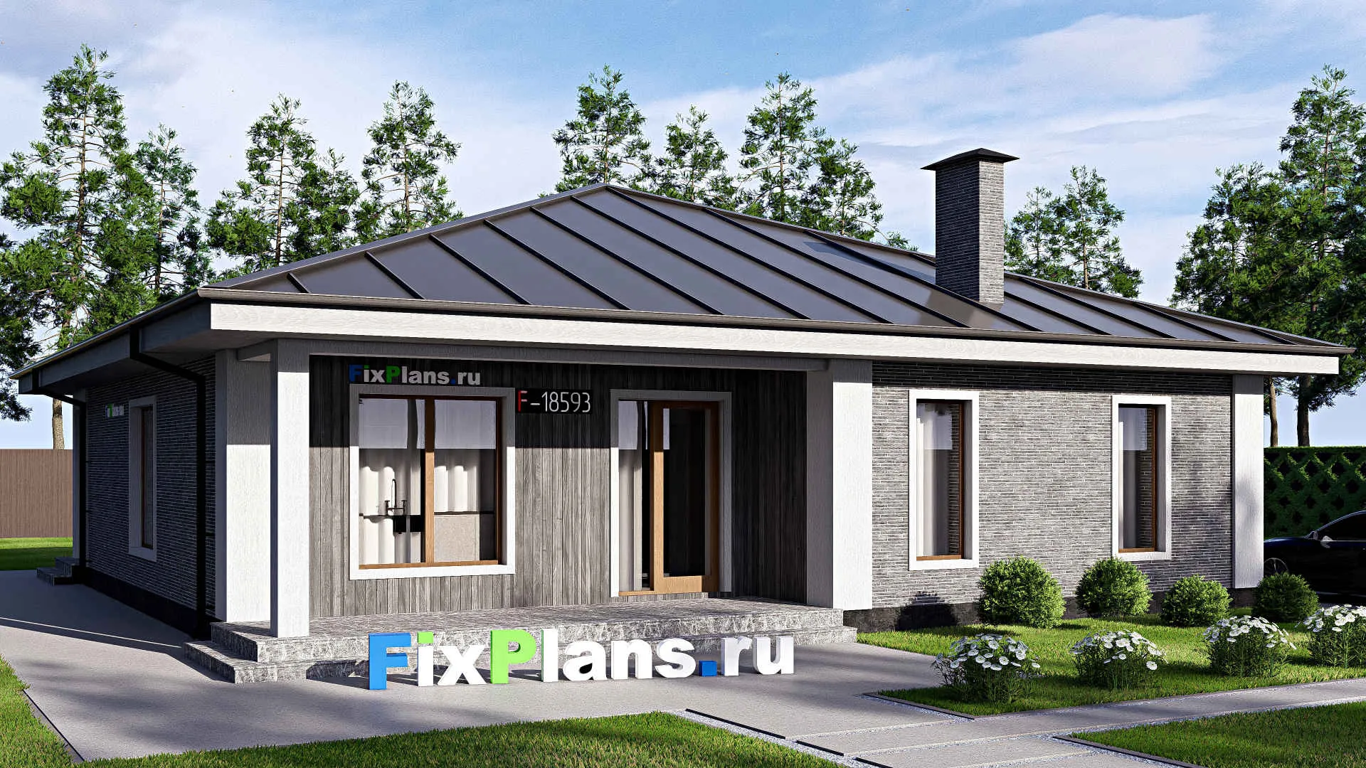 F-18593 - Проект одноэтажного дома 14 на 15, площадью 160 м² с террасой и 3 спальнями