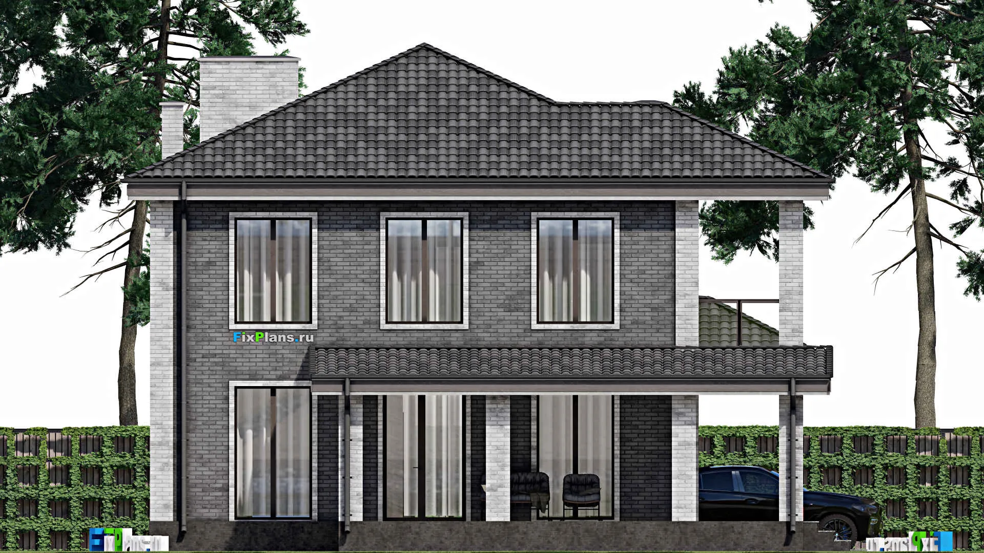 F-1646 - Планы двухэтажного дома 11 на 13, площадью 250 м² с террасой, балконом и 4 спальнями