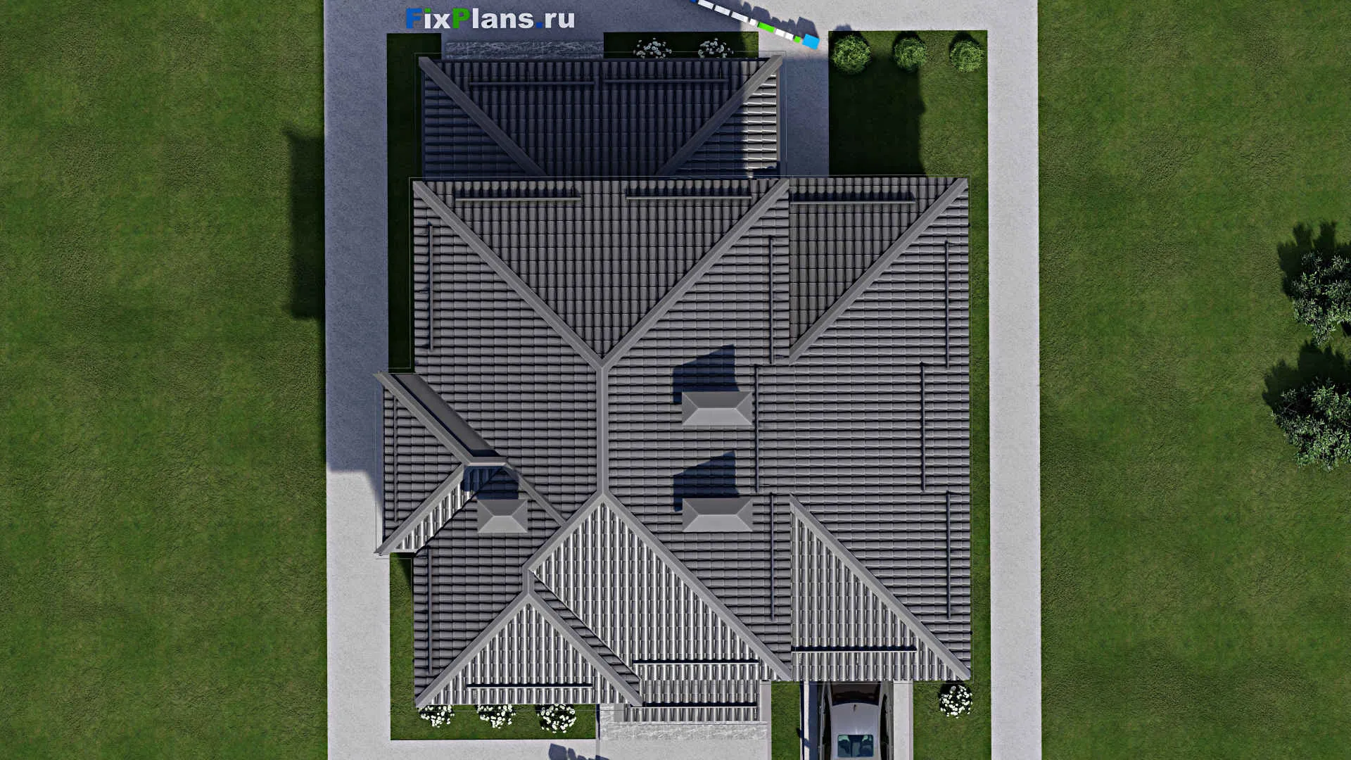 F-3554 - Проект двухэтажного дома 12 на 13, площадью 190 м² с террасой, гаражом на 2 машины и 5 спальнями