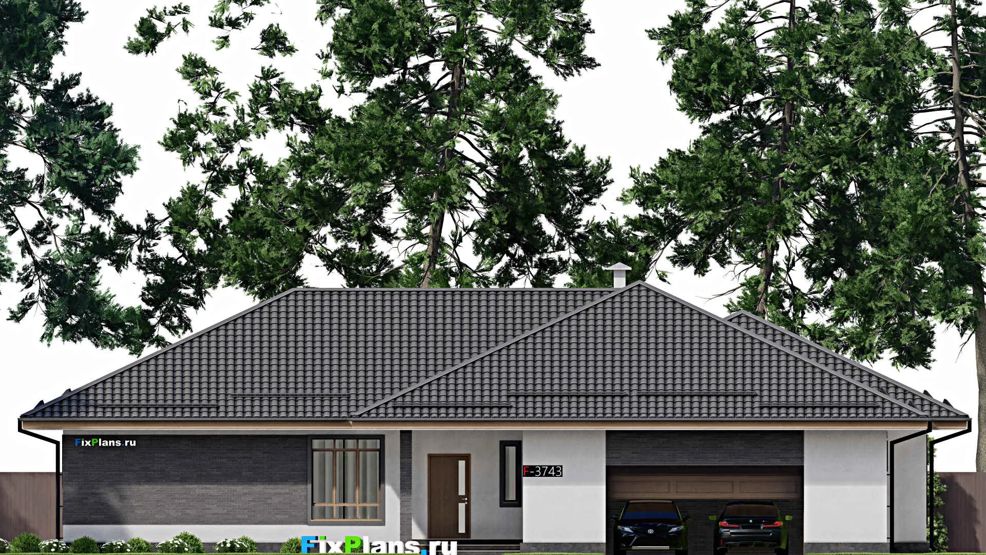 F-3743 - Проект одноэтажного дома 16 на 22, площадью 250 м² с террасой, гаражом на 2 машины и 4 спальнями