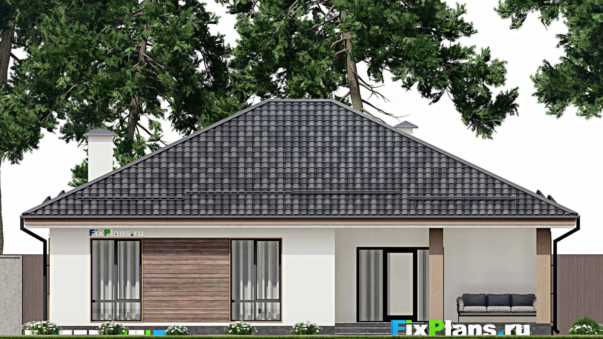 F-5633 - Проект одноэтажного дома 13 на 15, площадью 140 м² с террасой и 3 спальнями