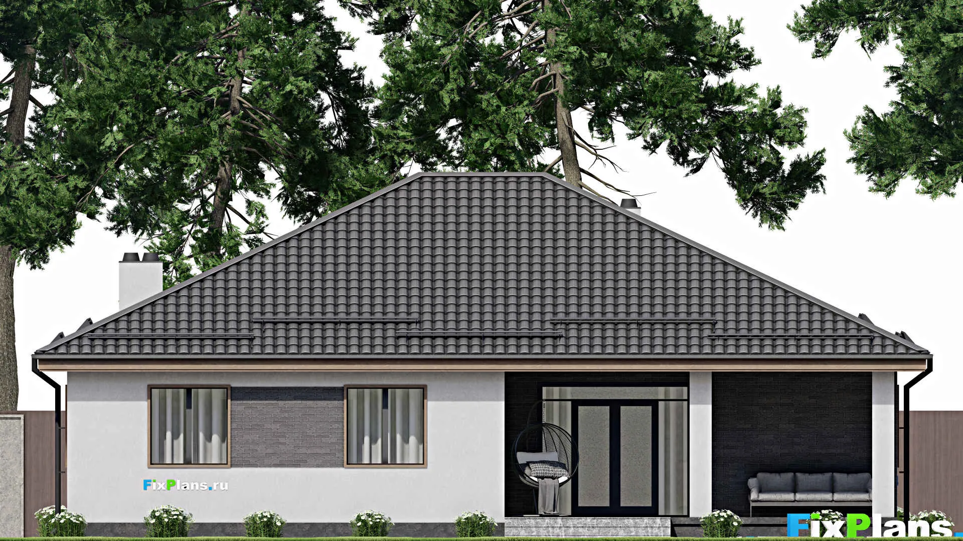 F-3392 - Проект одноэтажного дома 13 на 16, площадью 160 м² с террасой и 3 спальнями