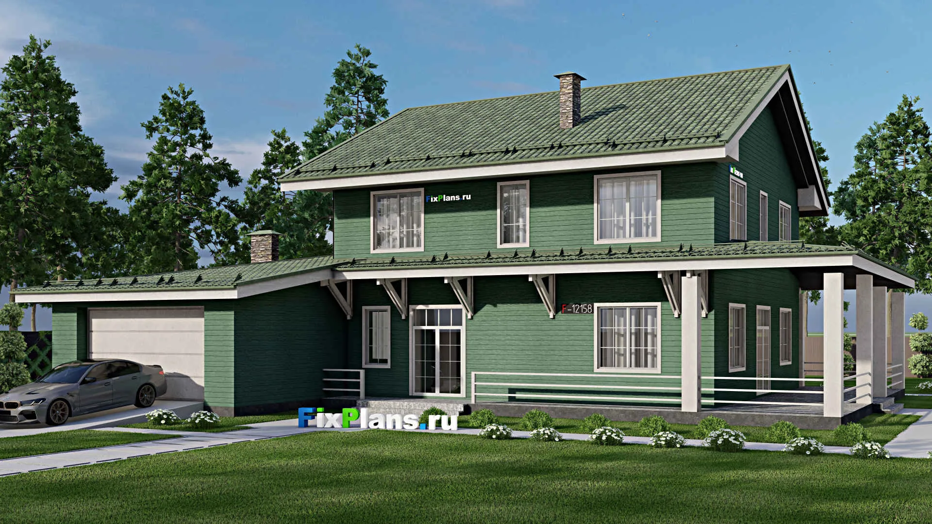 F-12158 - Проект дома с мансардой 19 на 23, площадью 400 м² с террасой, гаражом на 2 машины и 7 спальнями