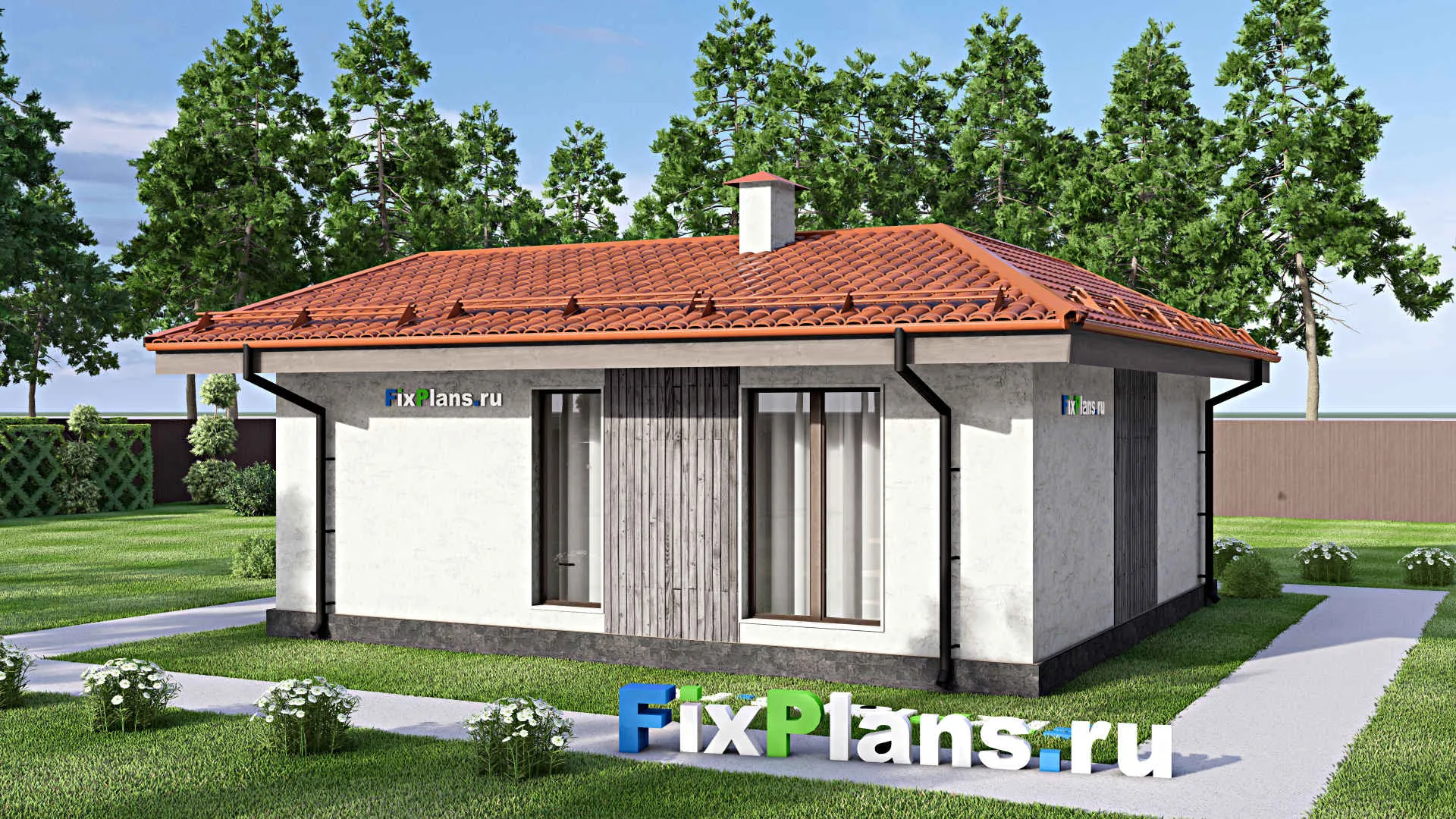 F-12959 - Проект одноэтажного дома 9 на 9, площадью 60 м² с террасой и 2 спальнями