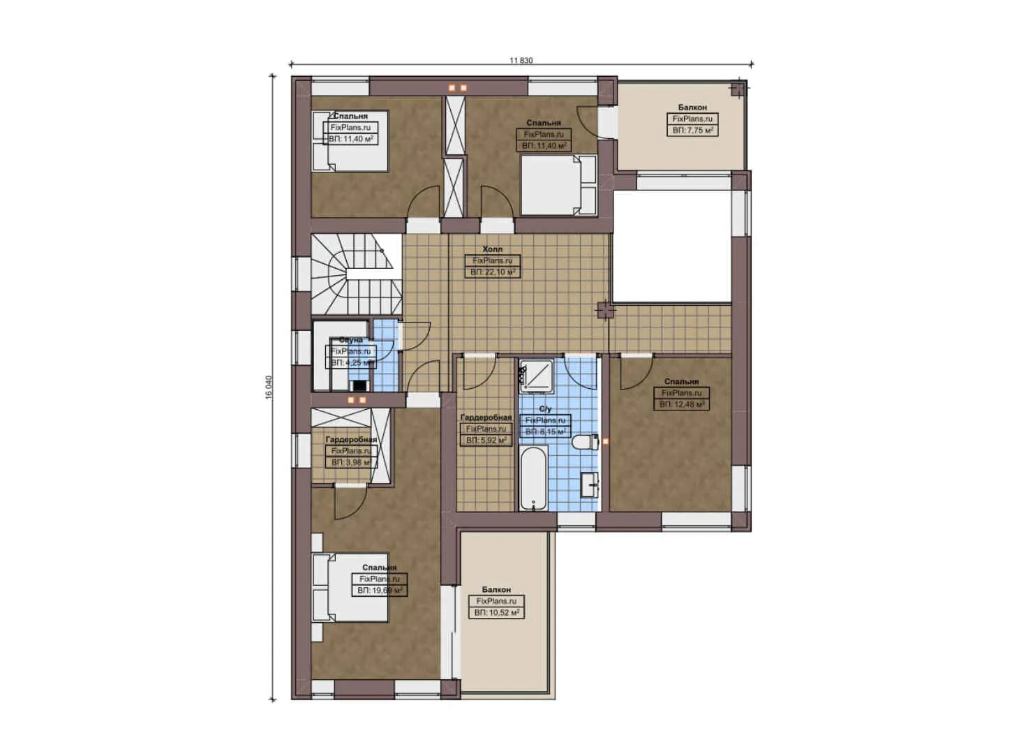 F-10277 - Планы двухэтажного дома 16 на 17, площадью 300 м² с террасой, балконом, баней, гаражом на 2 машины и 5 спальнями