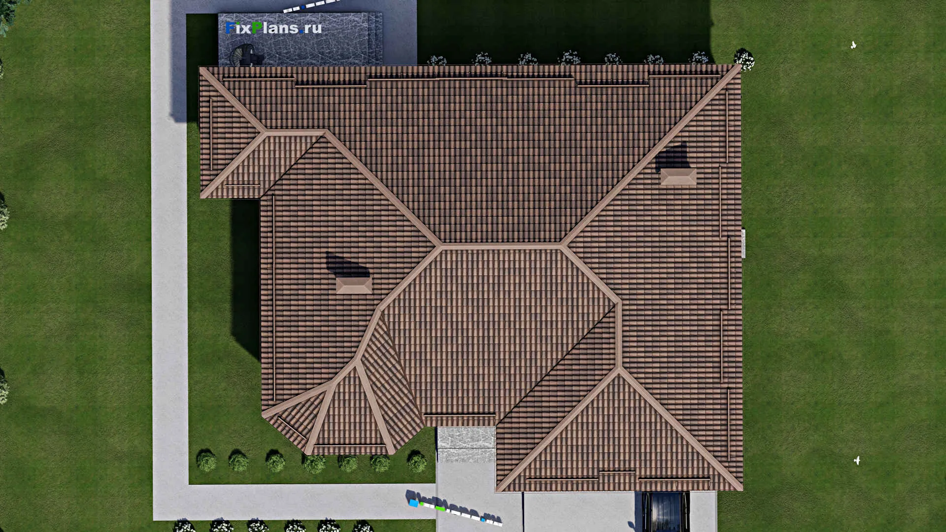 F-5723 - Проект одноэтажного дома 20 на 22, площадью 270 м² с террасой, гаражом на 2 машины и 3 спальнями