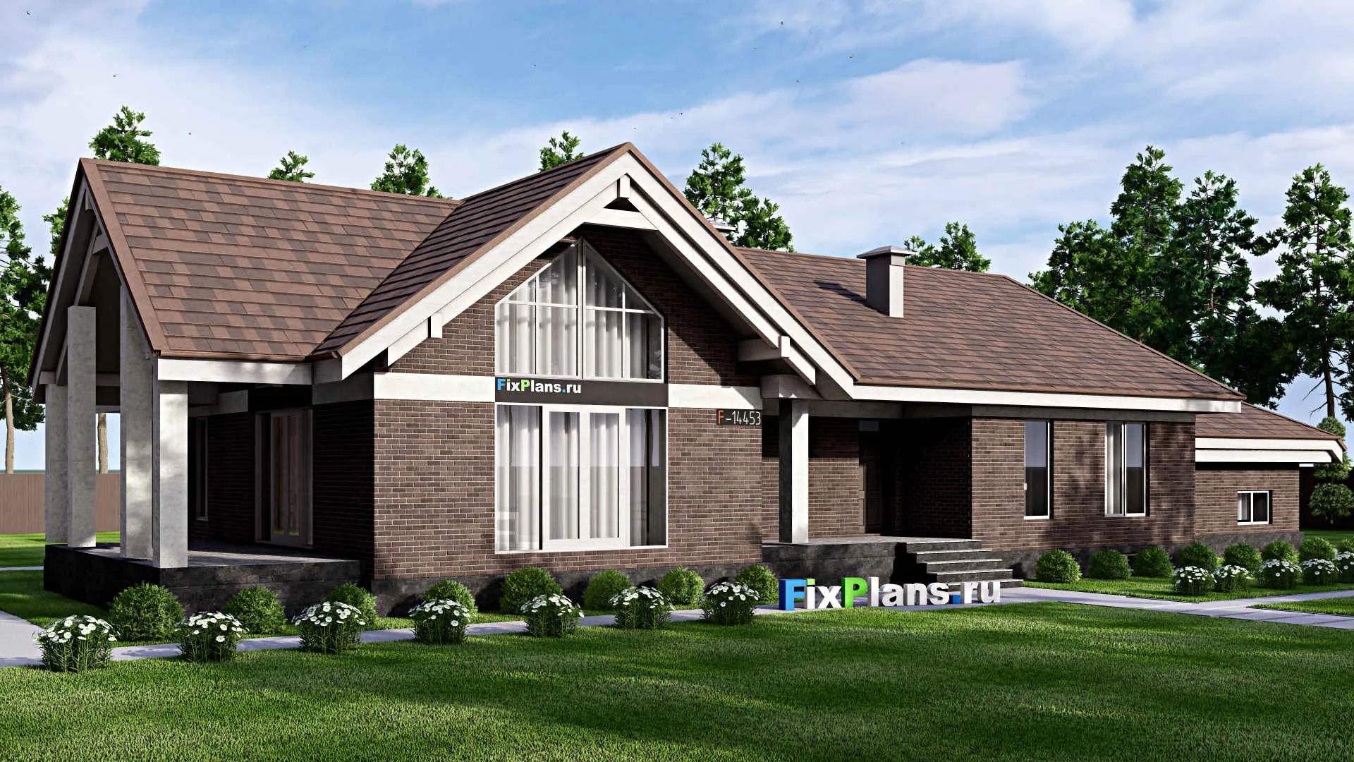 F-14453 - Проект одноэтажного дома 13 на 31, площадью 480 м² с террасой, цокольным этажом, гаражом на 2 машины и 4 спальнями