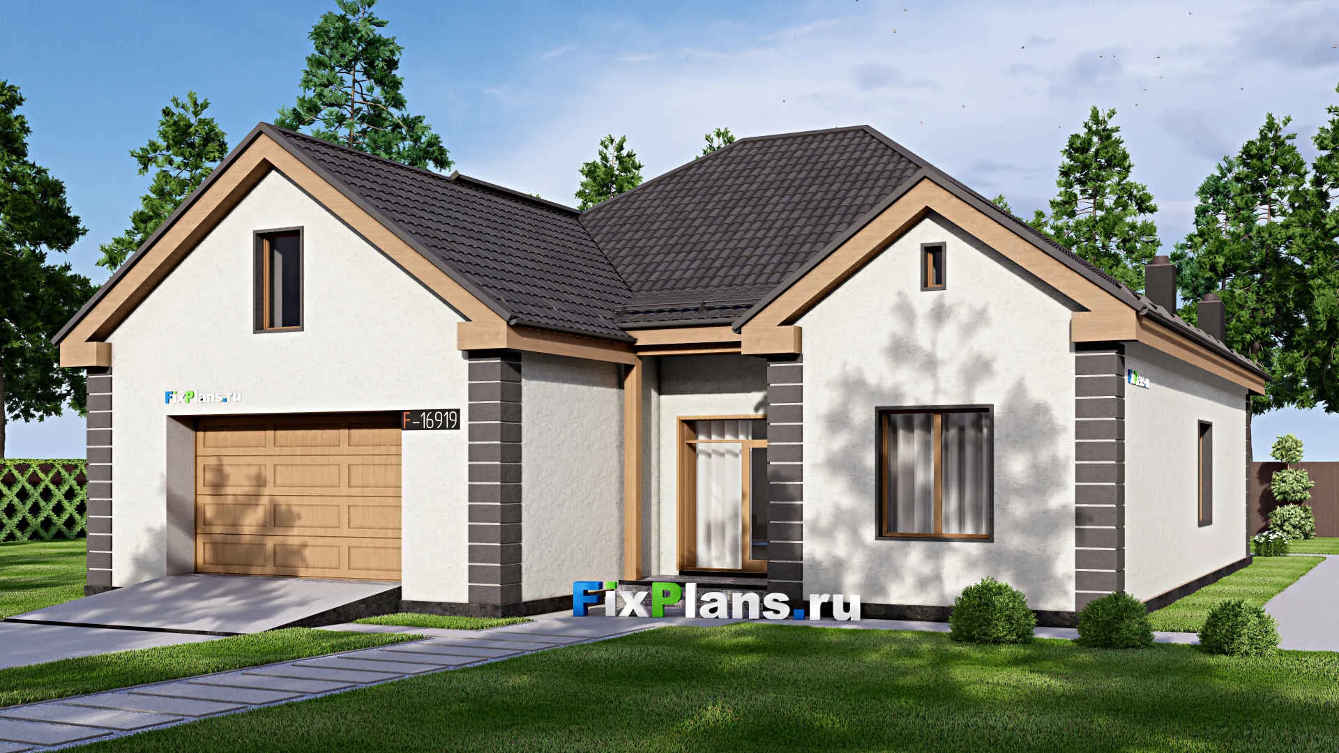 F-16919 - Проект одноэтажного дома 16 на 21, площадью 300 м² с гаражом на 2 машины и 5 спальнями
