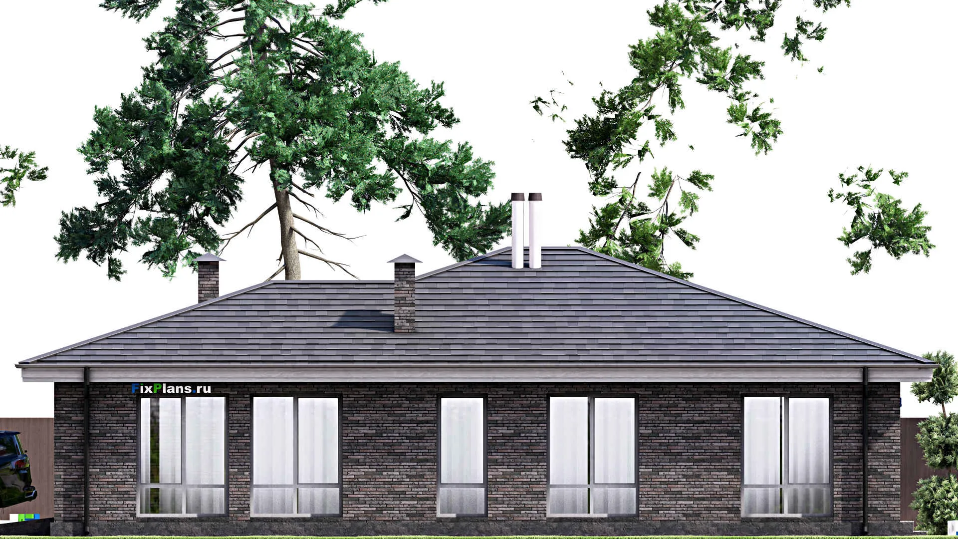 F-14714 - Проект одноэтажного дома 13 на 17, площадью 160 м² с террасой, гаражом на 2 машины и 3 спальнями