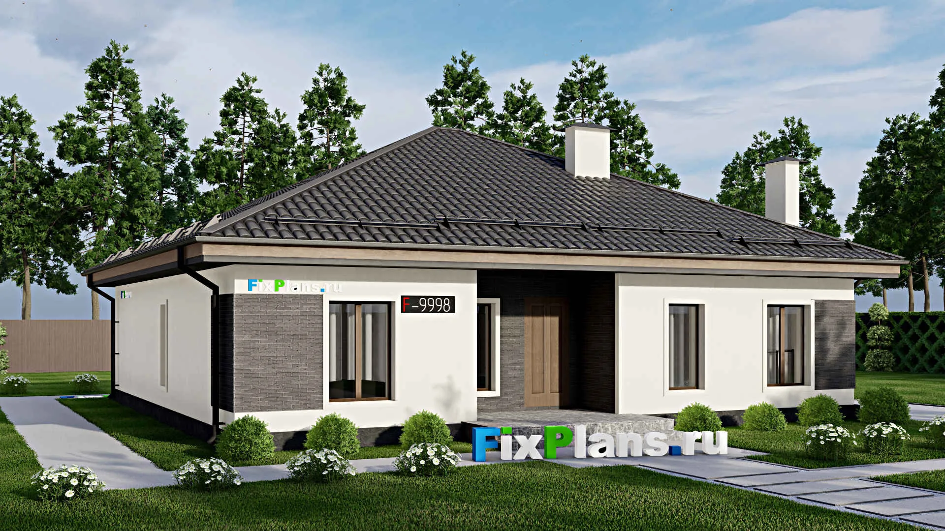 F-9998 - Проект одноэтажного дома 13 на 14, площадью 140 м² с террасой и 3 спальнями