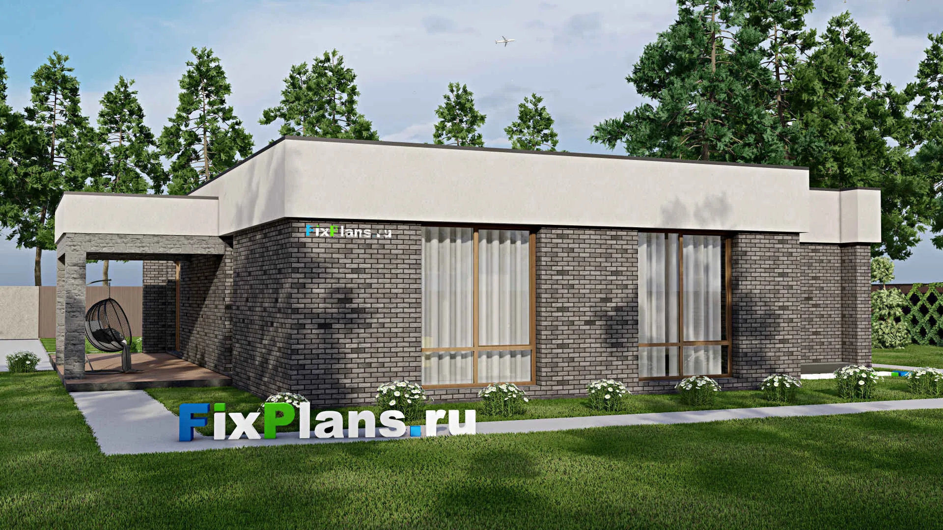 F-3536 - Проект одноэтажного дома 17 на 17, площадью 210 м² с террасой и 3 спальнями