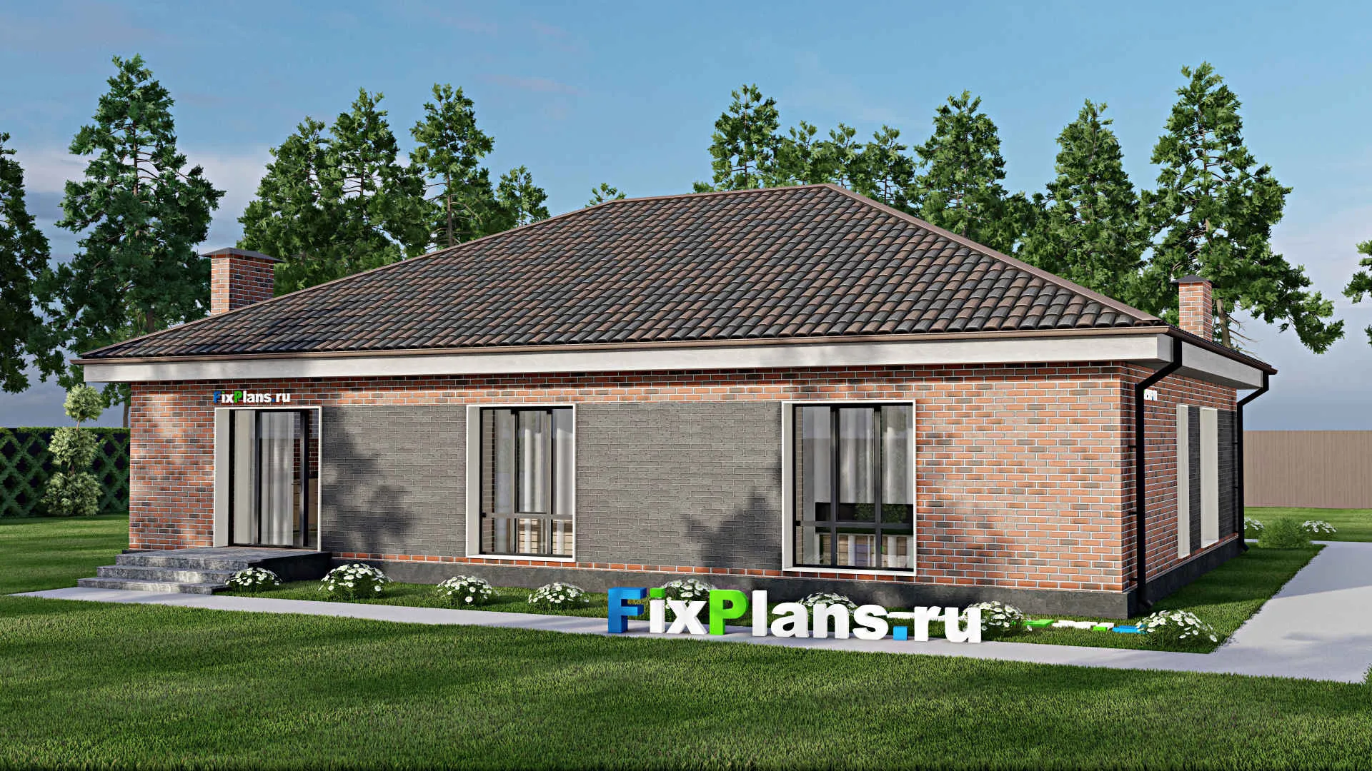 F-5858 - План одноэтажного дома 16 на 18, площадью 190 м² с гаражом на 2 машины и 3 спальнями