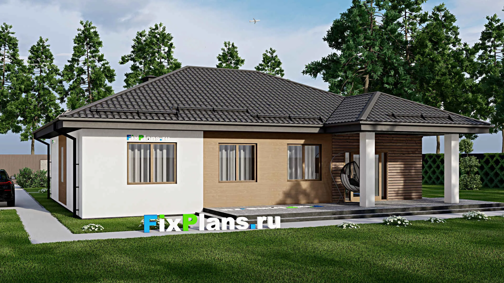 F-3716 - План одноэтажного дома 12 на 16, площадью 180 м² с террасой и 4 спальнями