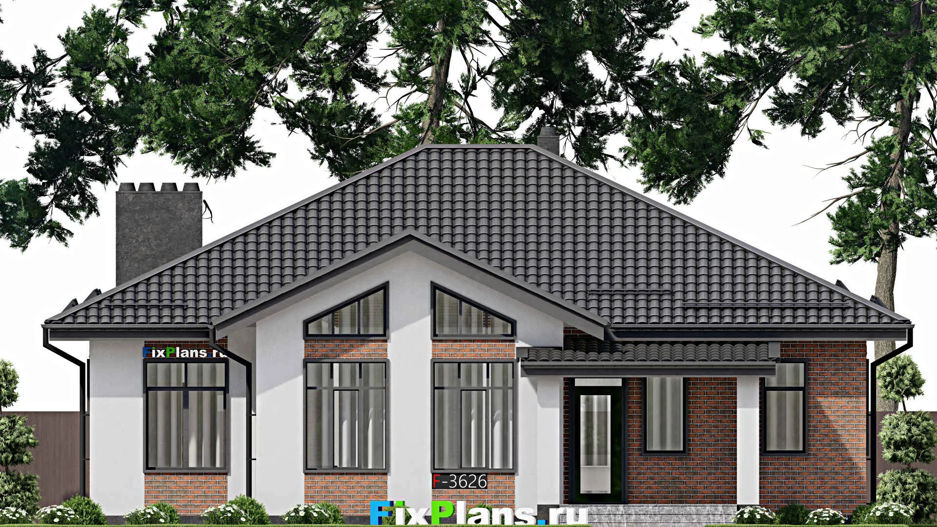 F-3626 - Проект одноэтажного дома 14 на 14, площадью 170 м² с террасой и 3 спальнями