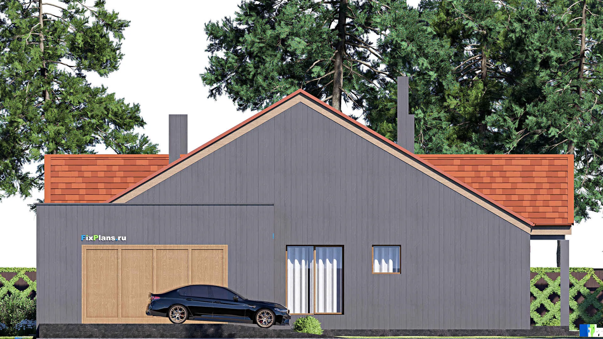 F-16685 - Проект одноэтажного дома 19 на 21, площадью 260 м² с террасой, гаражом на 2 машины и 3 спальнями