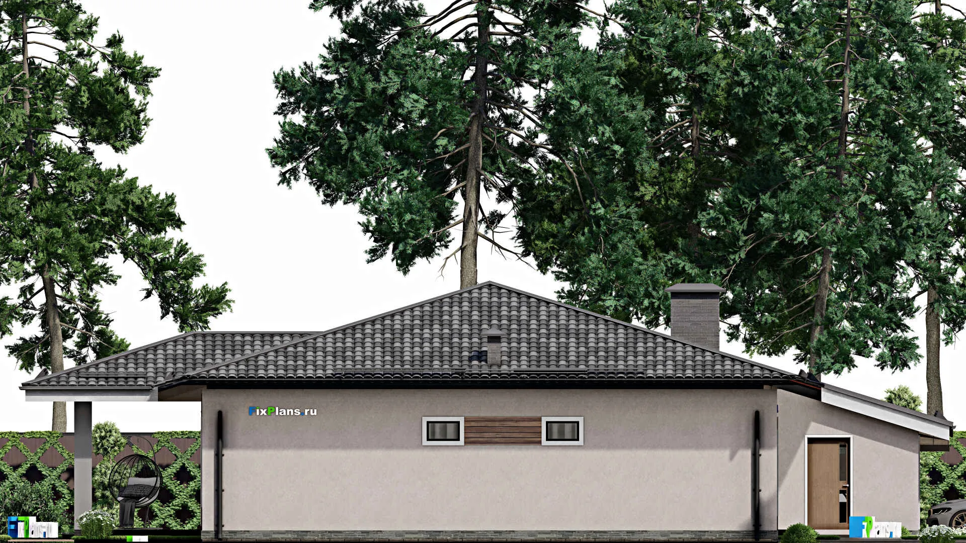 F-10286 - План одноэтажного дома 18 на 20, площадью 190 м² с террасой, гаражом на 1 машину и 4 спальнями