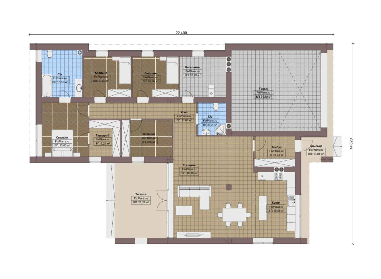 F-16073 - План одноэтажного дома 15 на 23, площадью 230 м² с террасой, гаражом на 2 машины и 4 спальнями