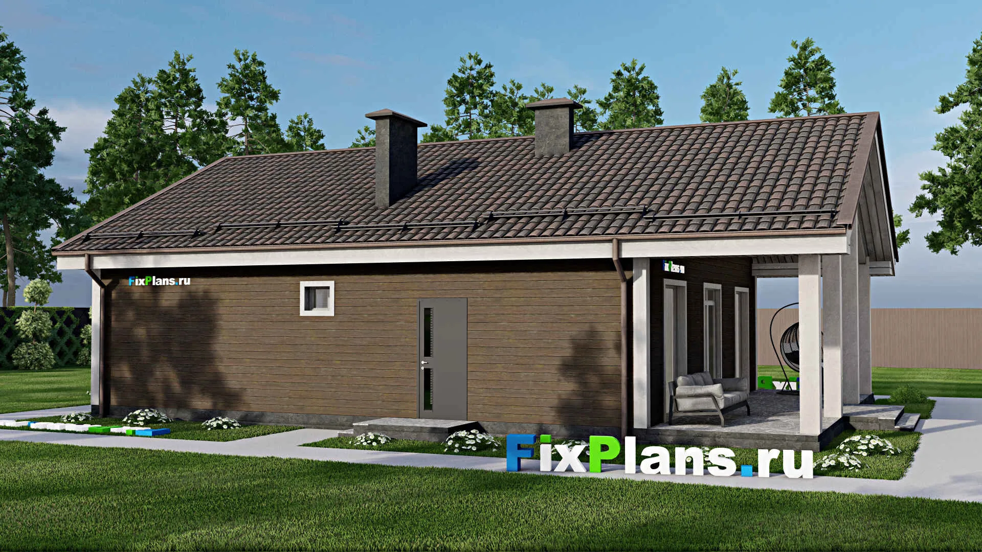 F-6029 - План одноэтажного дома 10 на 12, площадью 130 м² с террасой и 2 спальнями