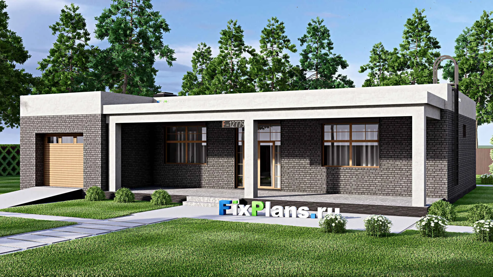 F-12779 - Проект одноэтажного дома 15 на 19, площадью 230 м² с террасой, баней, гаражом на 1 машину, спортзалом и 2 спальнями