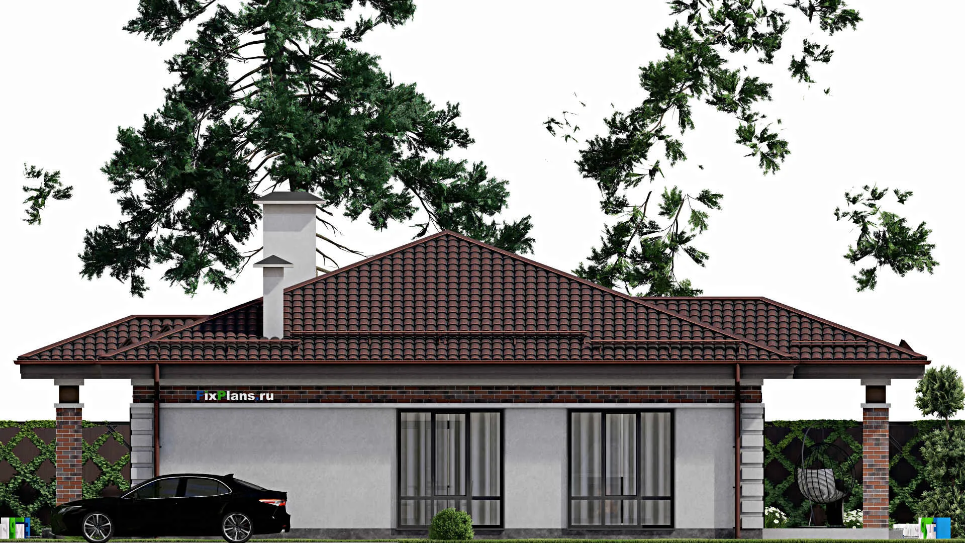 F-2519 - Проект одноэтажного дома 13 на 16, площадью 170 м² с террасой и 4 спальнями