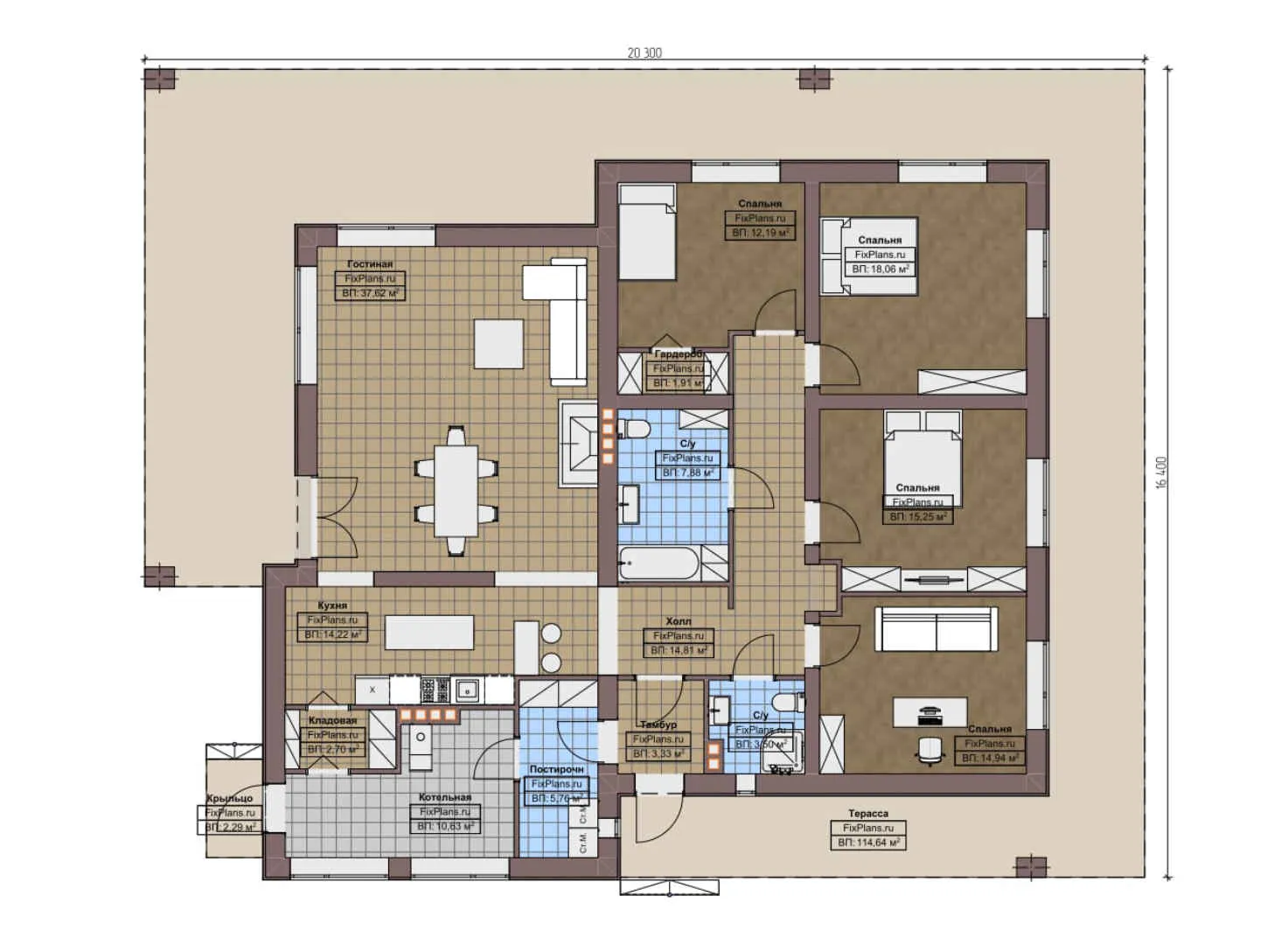 F-7082 - План одноэтажного дома 17 на 21, площадью 280 м² с террасой и 4 спальнями