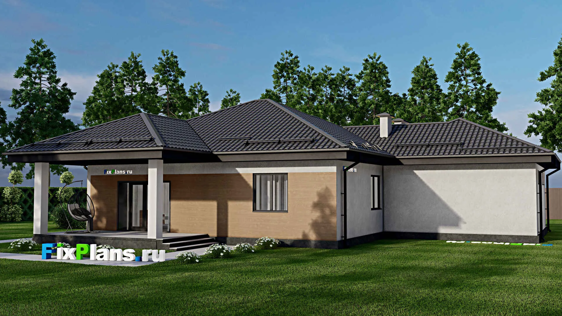 F-4184 - Проект одноэтажного дома 14 на 19, площадью 170 м² с террасой, гаражом на 2 машины и 2 спальнями