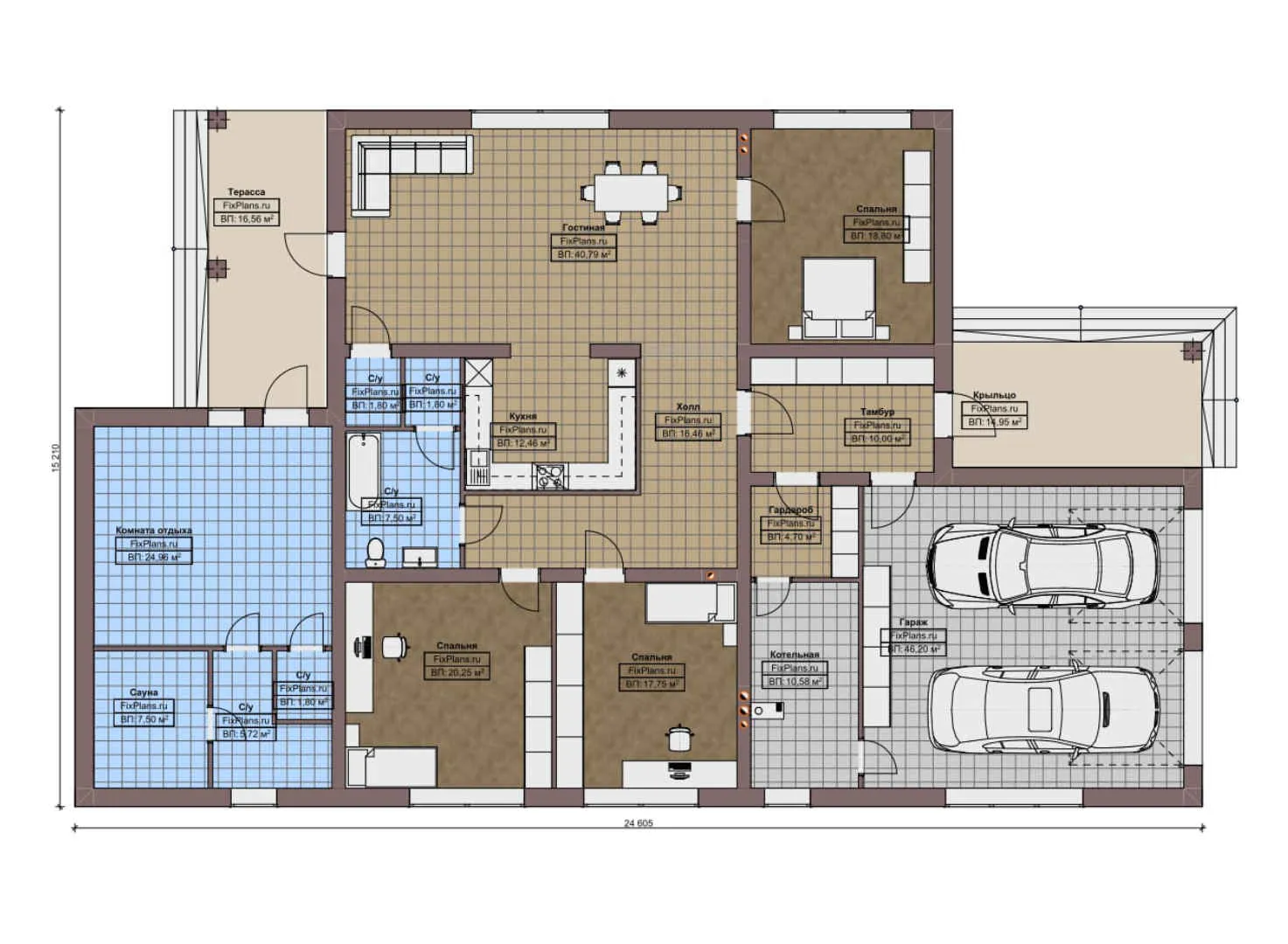 F-10295 - План одноэтажного дома 16 на 25, площадью 290 м² с террасой, баней, гаражом на 2 машины и 3 спальнями