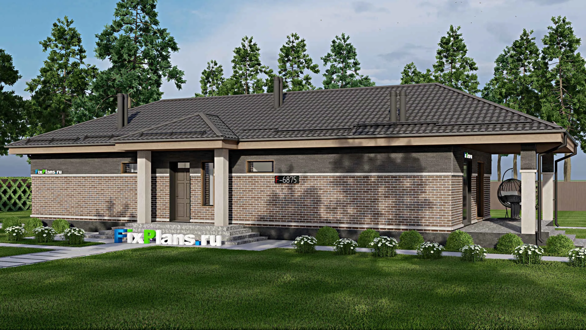 F-6875 - Проект одноэтажного дома 9 на 19, площадью 150 м² с террасой и 3 спальнями