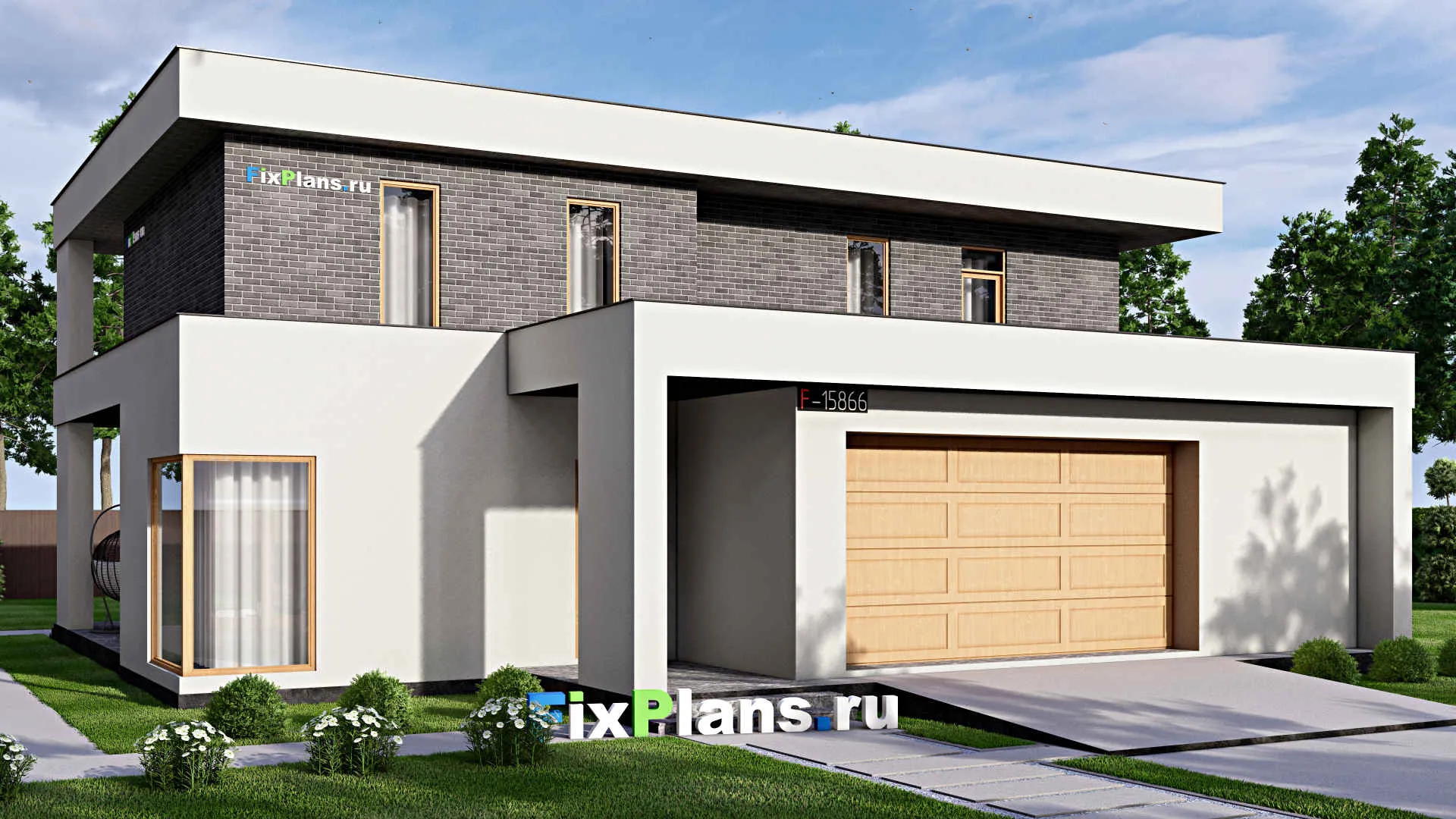 F-15866 - Проект двухэтажного дома 16 на 17, площадью 410 м² с террасой, балконом, гаражом на 2 машины и 4 спальнями