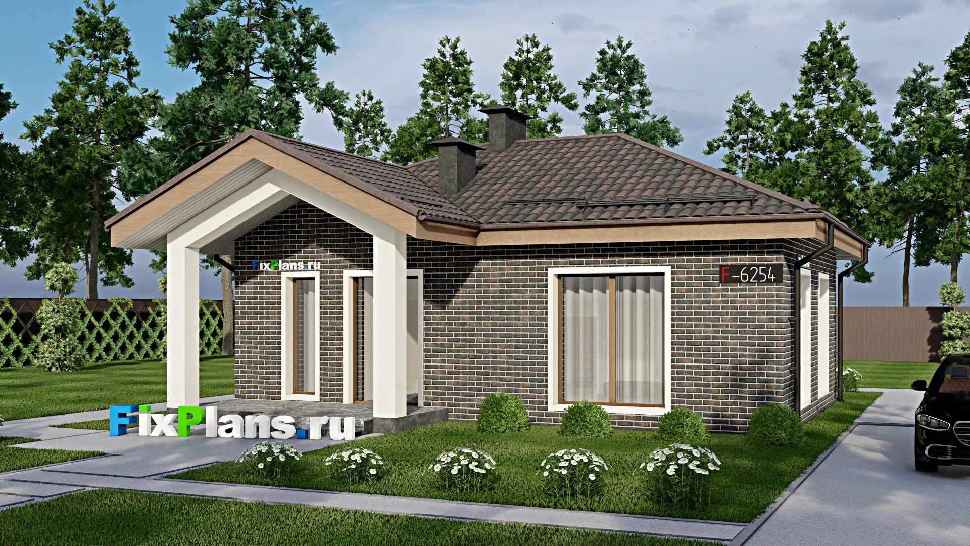 F-6254 - Проект одноэтажного дома 8 на 11, площадью 70 м² с террасой и 2 спальнями