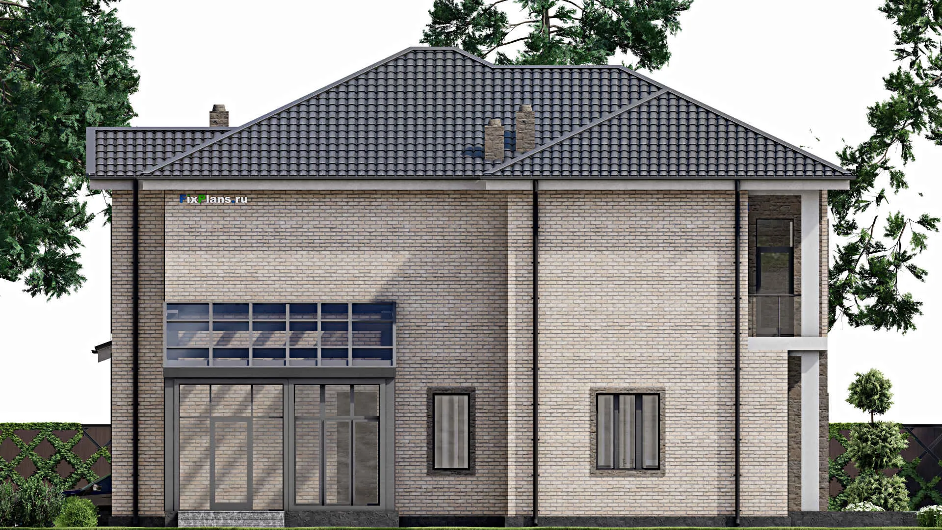 F-5507 - Проект двухэтажного дома 17 на 25, площадью 500 м² с террасой, балконом, гаражом на 2 машины и 4 спальнями