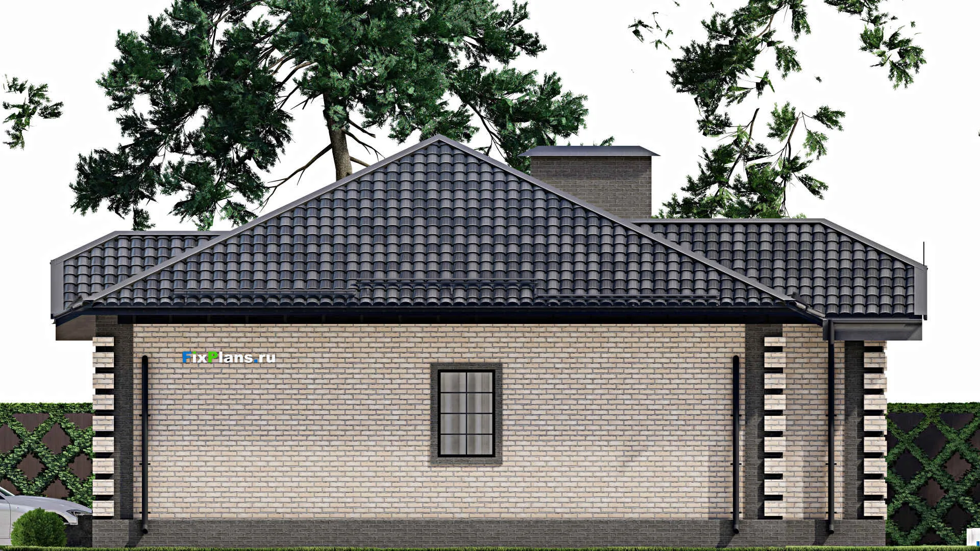 F-5561 - Проект одноэтажного дома 13 на 18, площадью 190 м² с террасой, гаражом на 1 машину и 3 спальнями