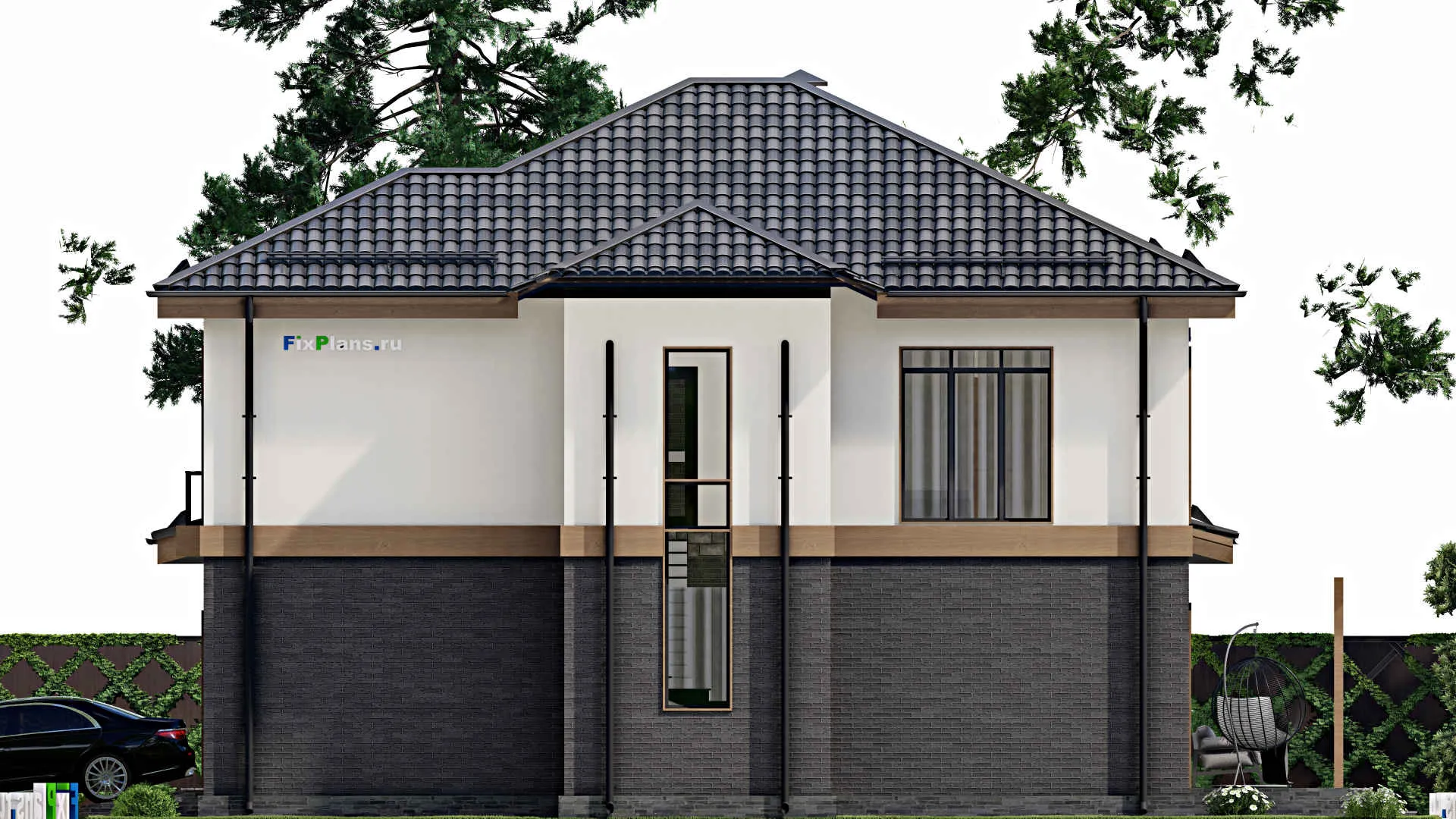 F-5813 - Проект двухэтажного дома 13 на 15, площадью 270 м² с террасой, балконом, гаражом на 2 машины и 5 спальнями