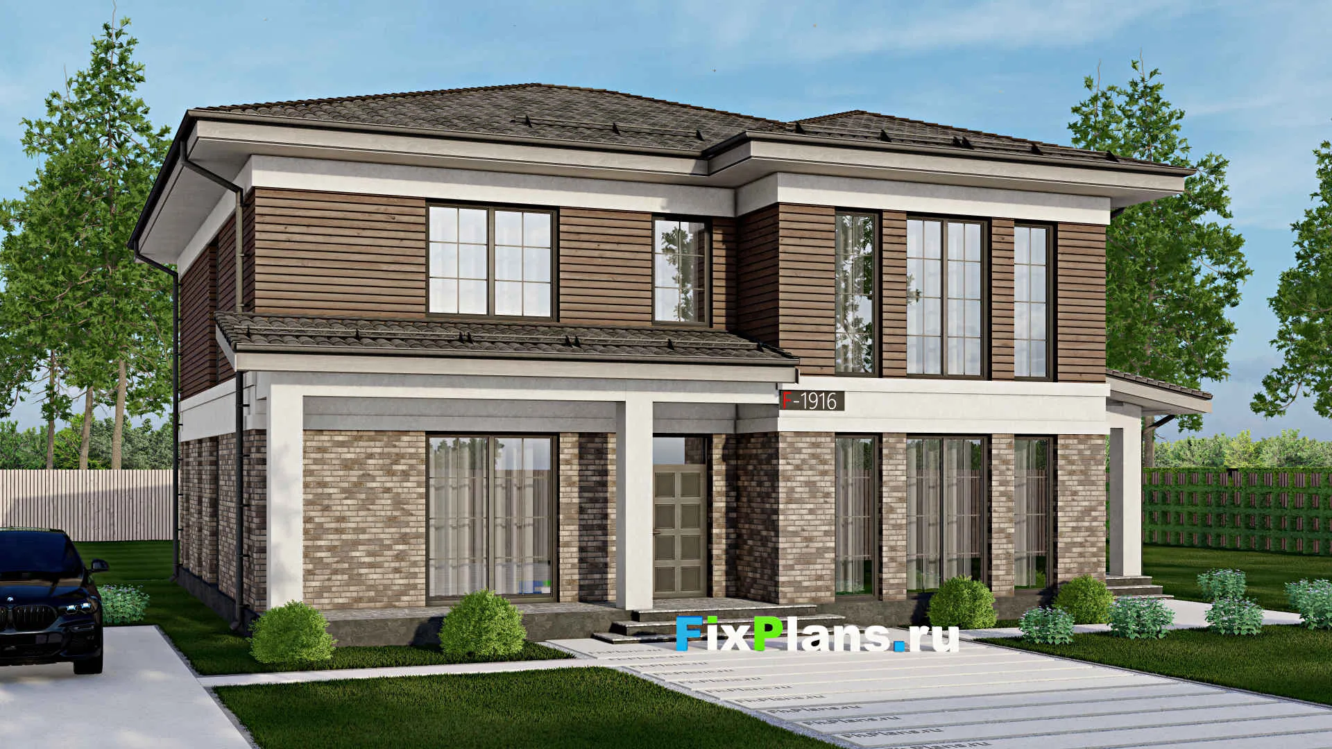 F-1916 - Проект двухэтажного дома 13 на 14, площадью 280 м² с террасой и 5 спальнями
