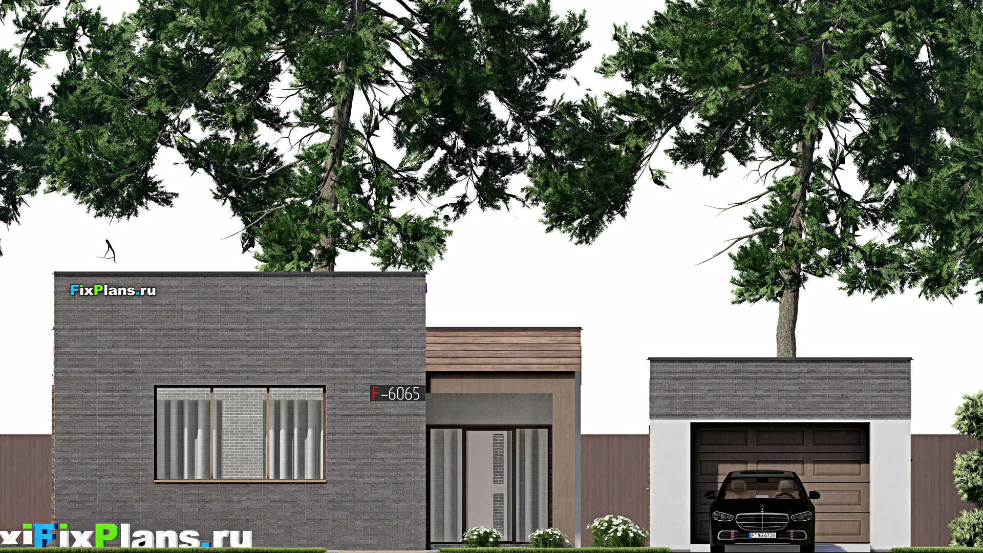 F-6065 - Проект одноэтажного дома 16 на 23, площадью 330 м² с террасой, гаражом на 2 машины и 4 спальнями