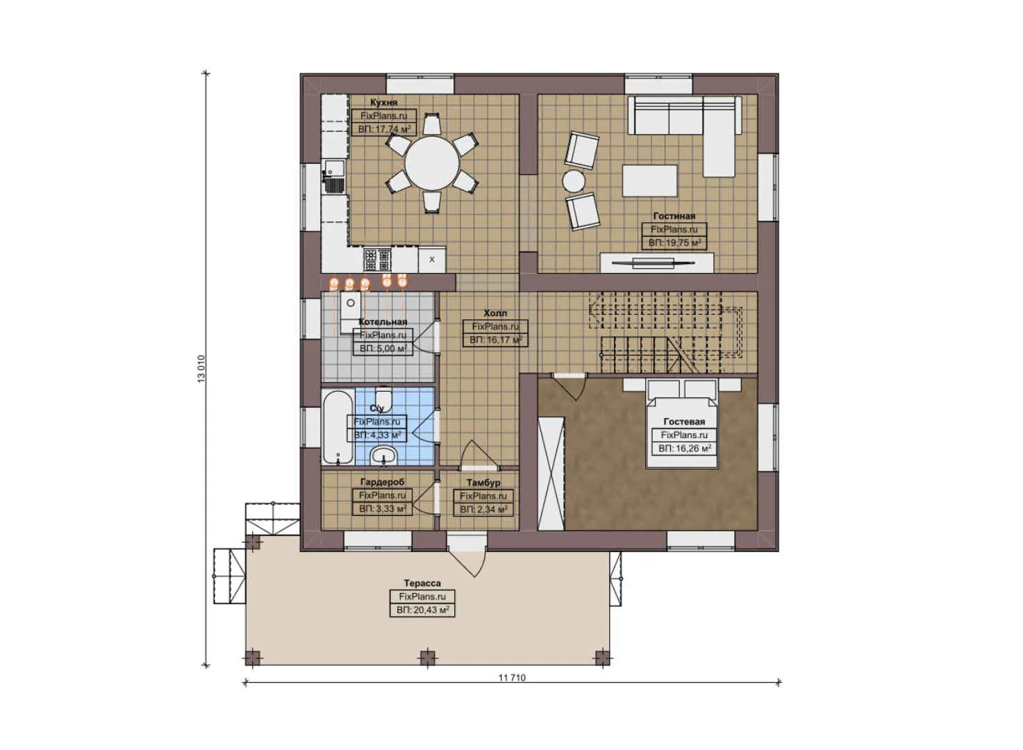 F-7163 - Планы двухэтажного дома с мансардой 12 на 14, площадью 280 м² с террасой, балконом и 4 спальнями
