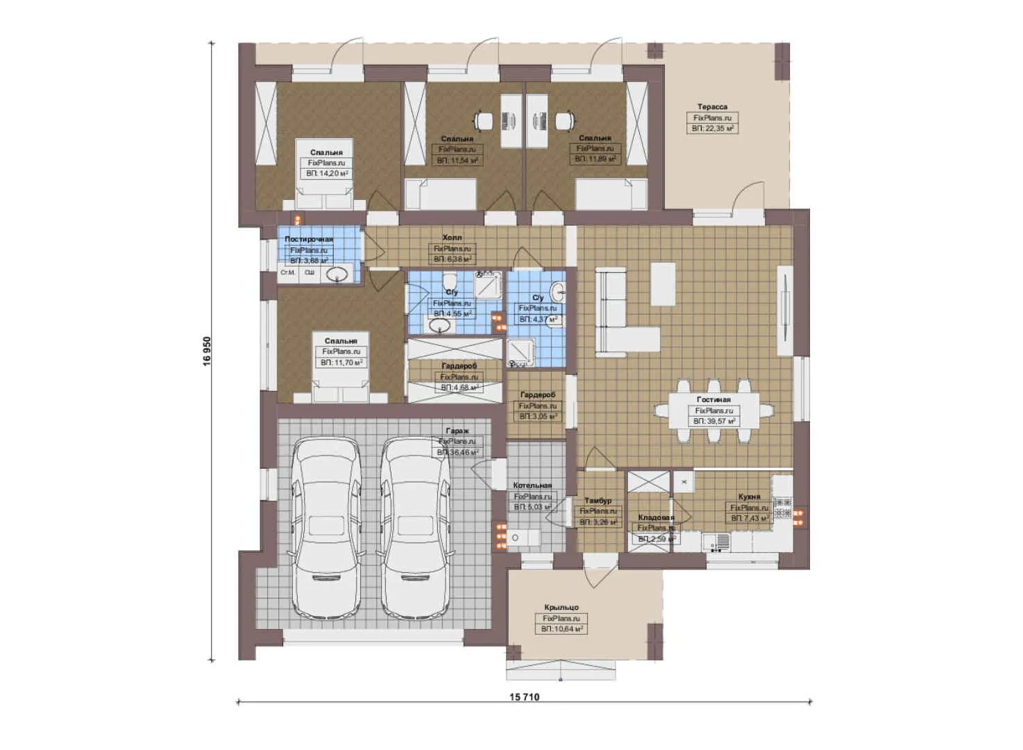 F-16523 - План одноэтажного дома 16 на 17, площадью 210 м² с 4 спальнями