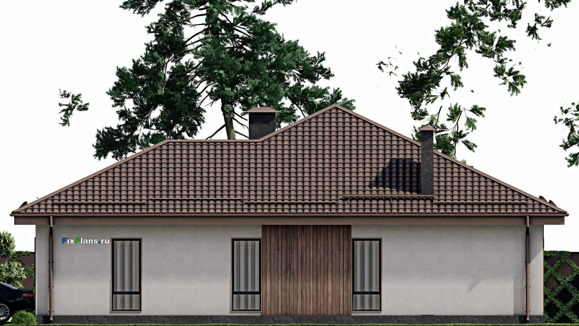 F-7649 - Проект одноэтажного дома 17 на 18, площадью 220 м² с гаражом на 2 машины и 3 спальнями