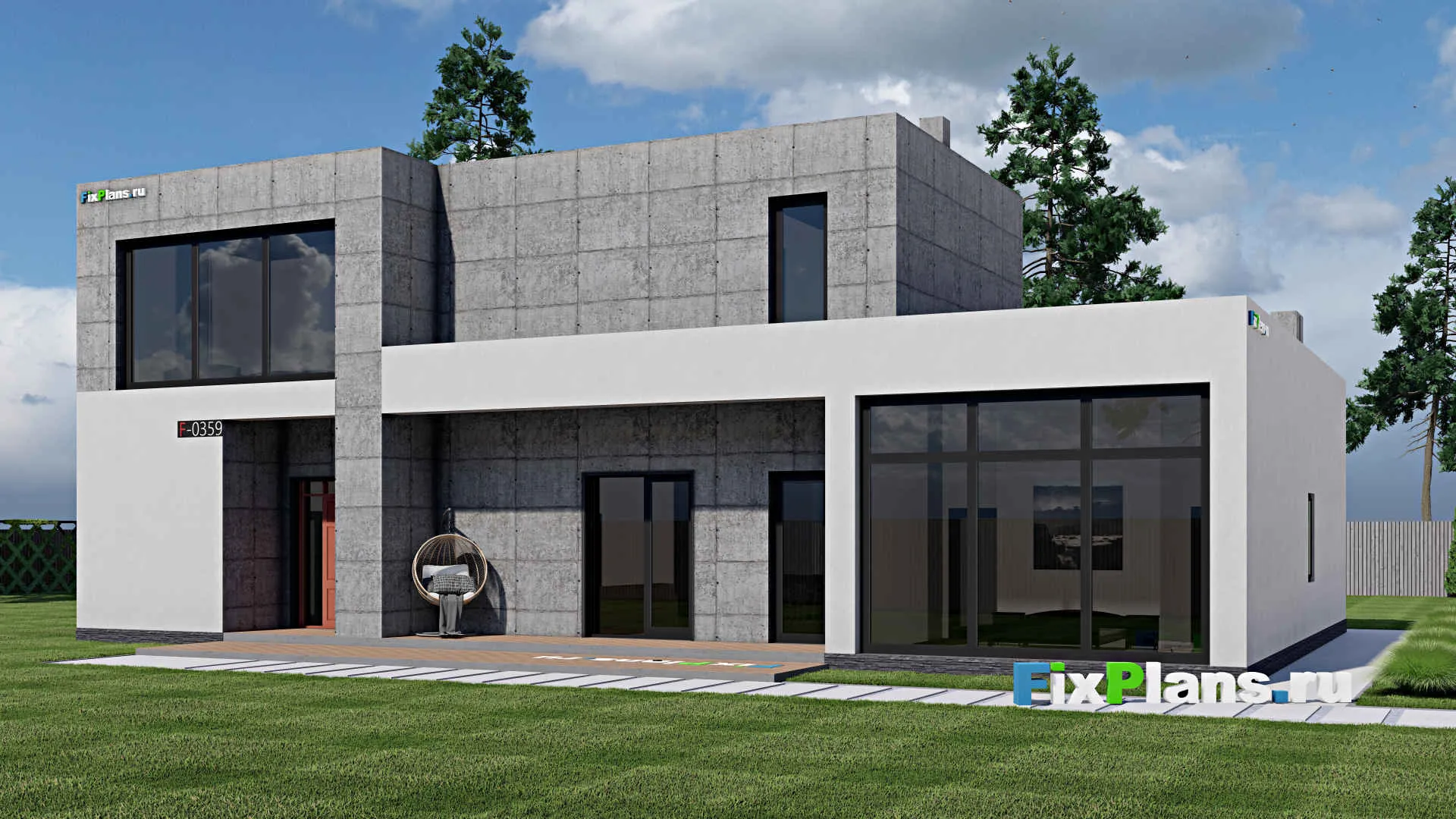 F-0359 - Проект двухэтажного дома 19 на 21, площадью 550 м² с террасой, балконом, баней, бассейном, спортзалом и 4 спальнями