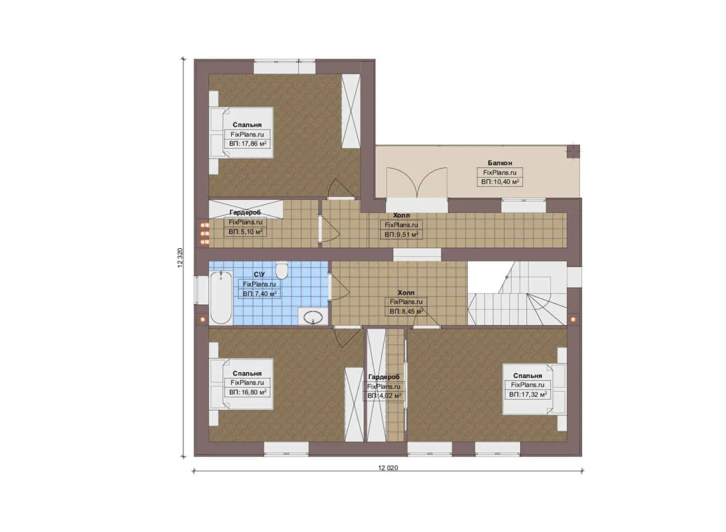 F-19592 - Планы дома с мансардой 13 на 13, площадью 200 м² с балконом и 3 спальнями