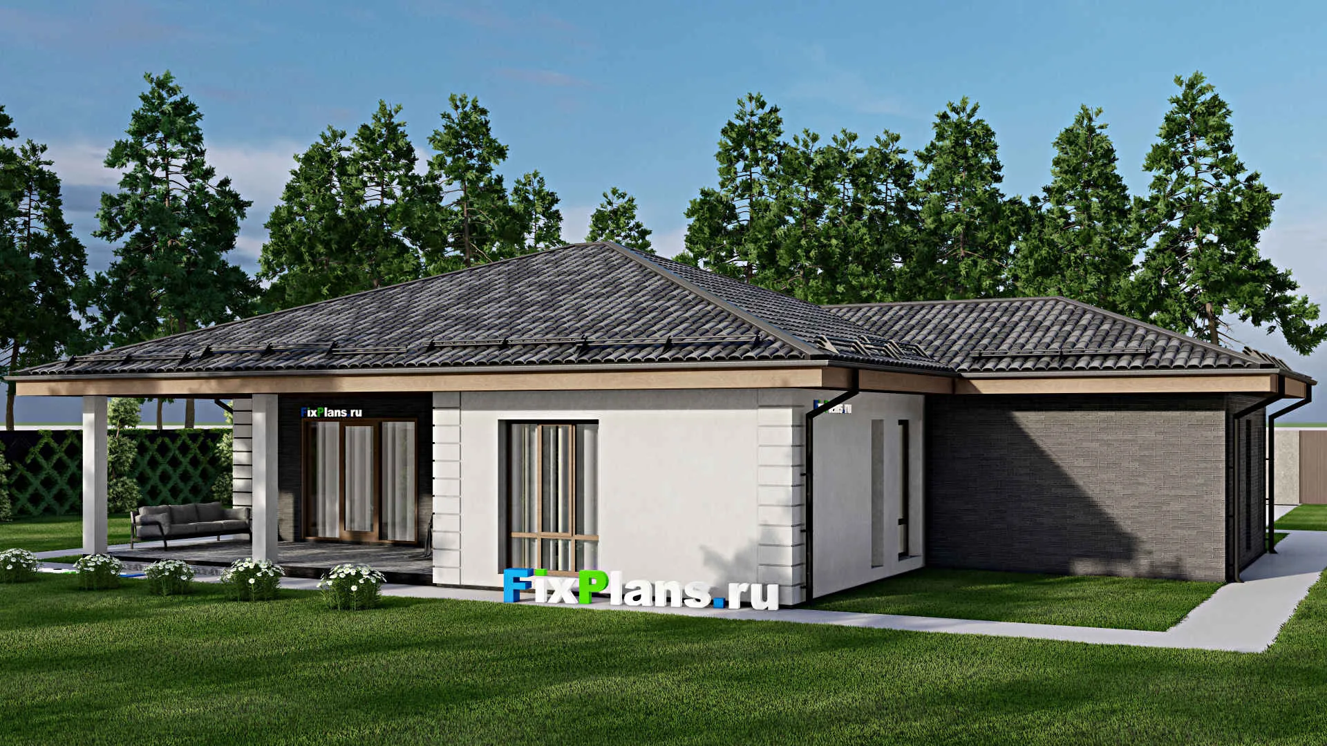 F-7793 - Проект одноэтажного дома 14 на 20, площадью 190 м² с террасой, гаражом на 1 машину и 3 спальнями