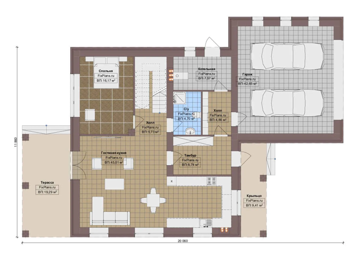 F-13013 - Планы двухэтажного дома 12 на 21, площадью 260 м² с террасой, гаражом на 2 машины и 5 спальнями