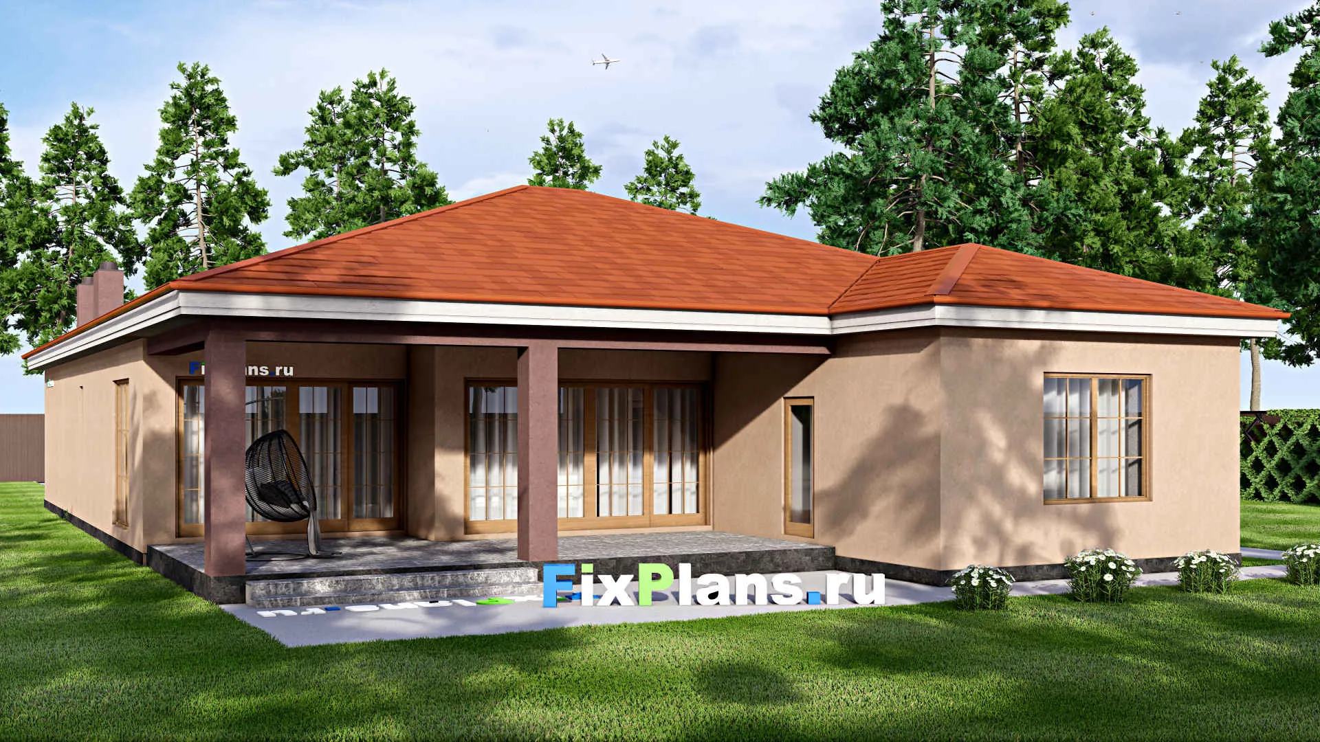 F-16856 - Проект одноэтажного дома 15 на 24, площадью 240 м² с террасой, гаражом на 2 машины и 4 спальнями