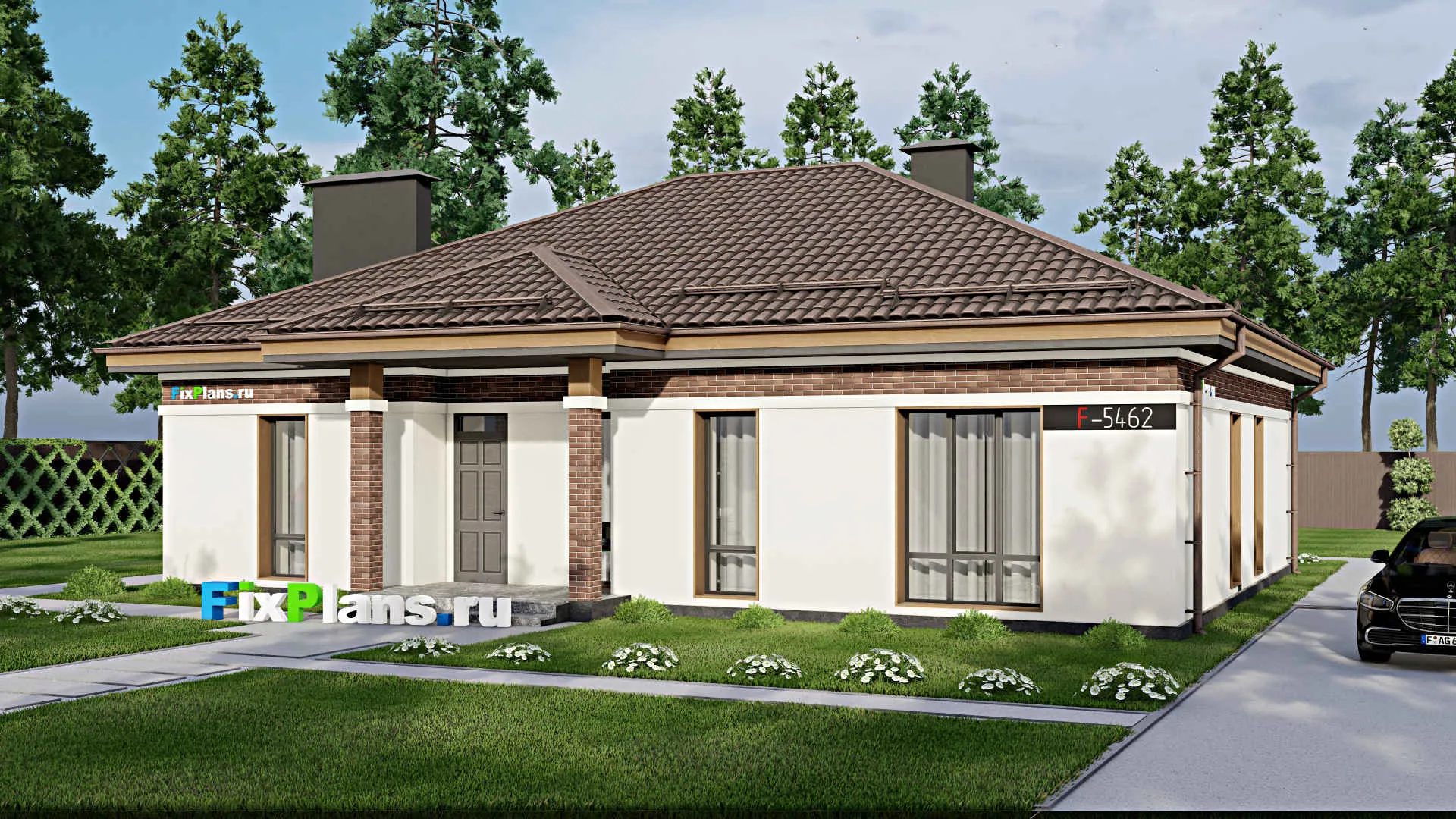 F-5462 - Проект одноэтажного дома 12 на 15, площадью 160 м² с террасой и 3 спальнями