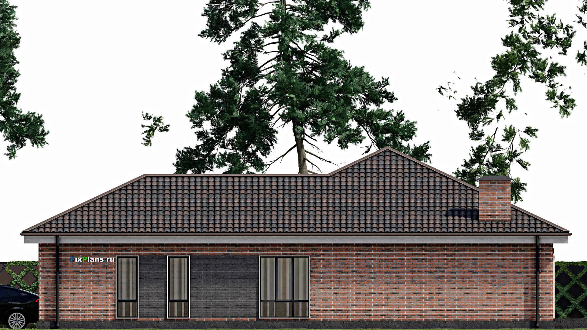 F-5858 - План одноэтажного дома 16 на 18, площадью 190 м² с гаражом на 2 машины и 3 спальнями