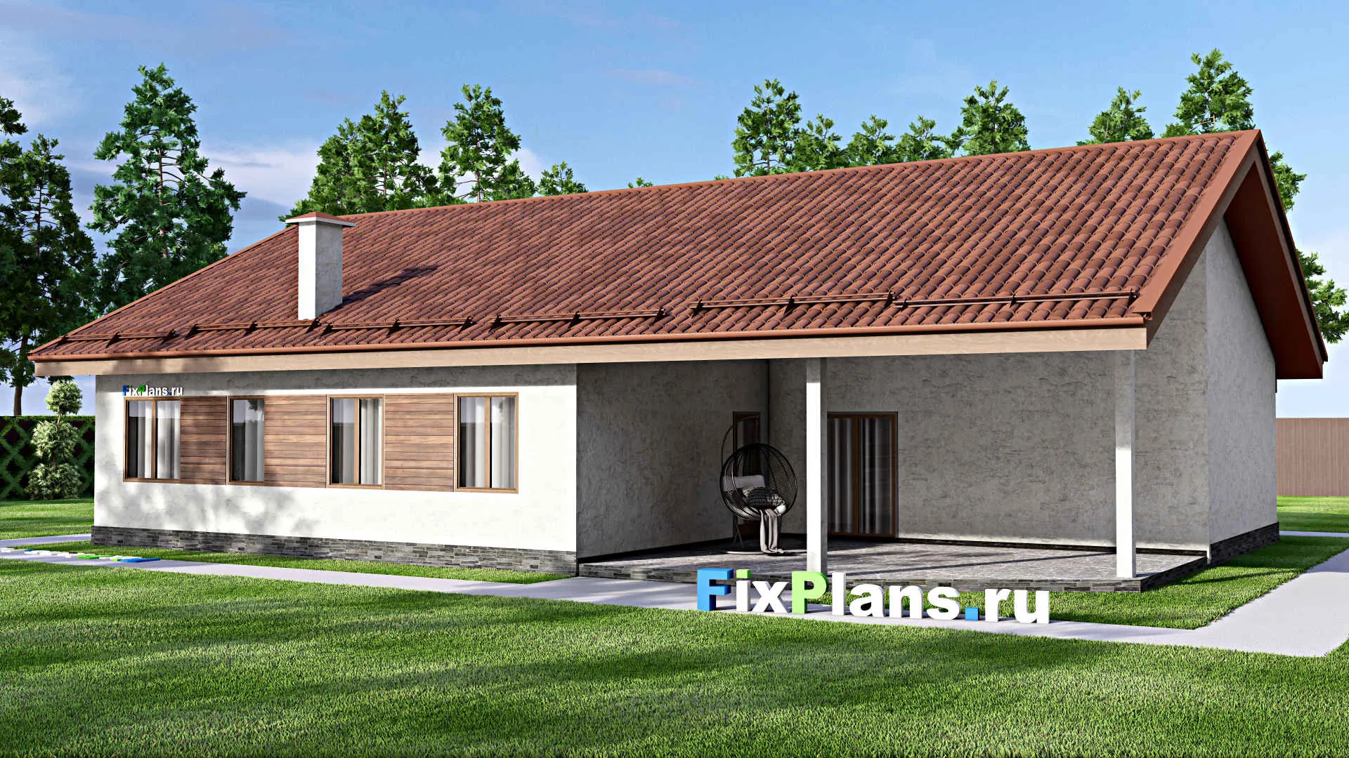 F-13508 - Проект одноэтажного дома 14 на 18, площадью 190 м² с террасой и 4 спальнями